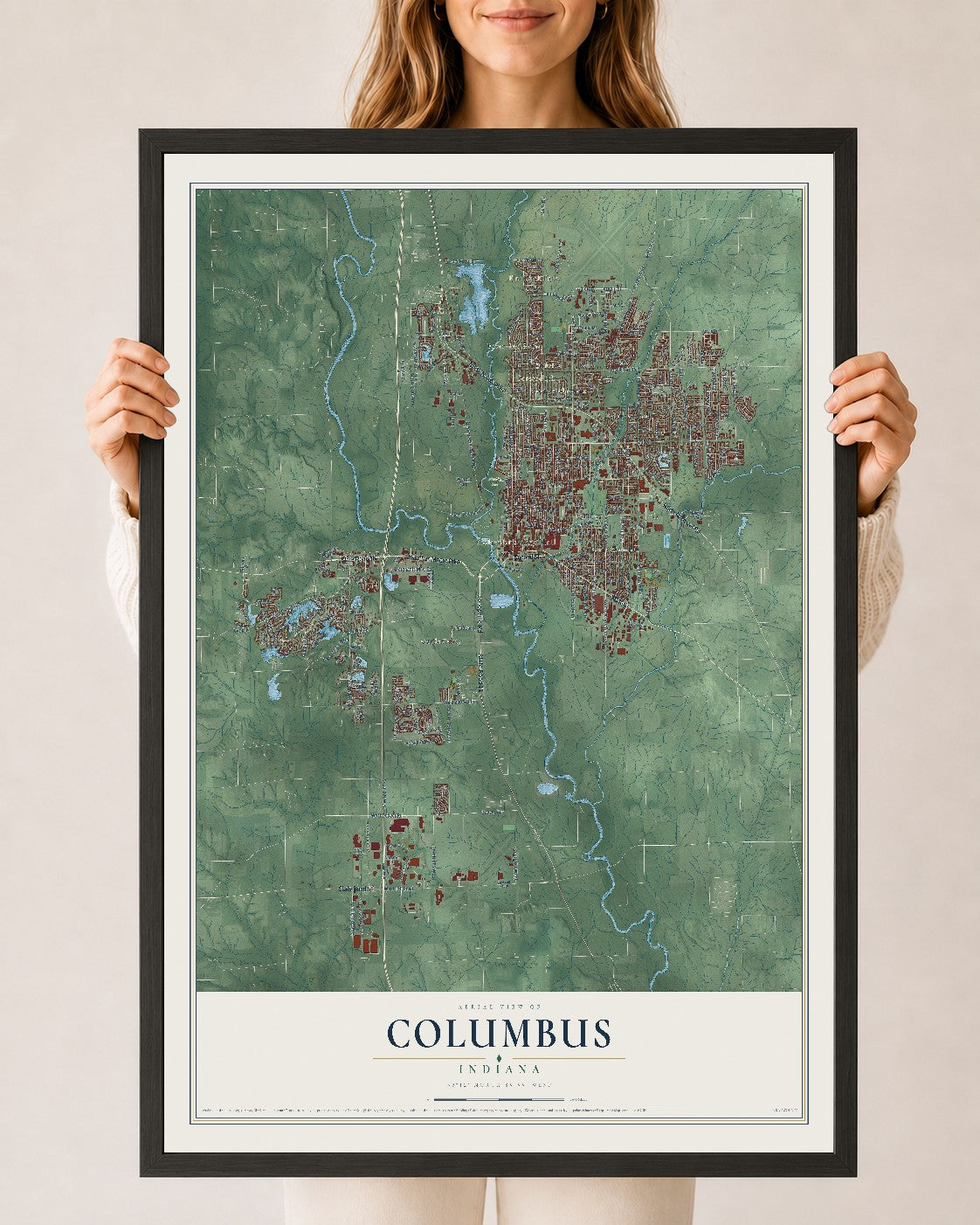 Map of Columbus, Indiana, 24 x 36 inch print in a black wood frame