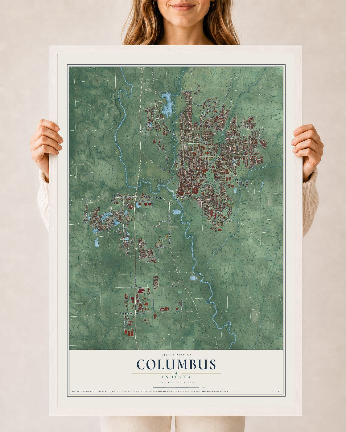 Map of Columbus, Indiana, 24 x 36 inch print in a white wood frame