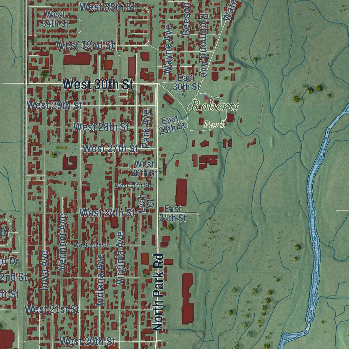 Second close-up of the map of Connersville, Indiana print showing more streets and buildings