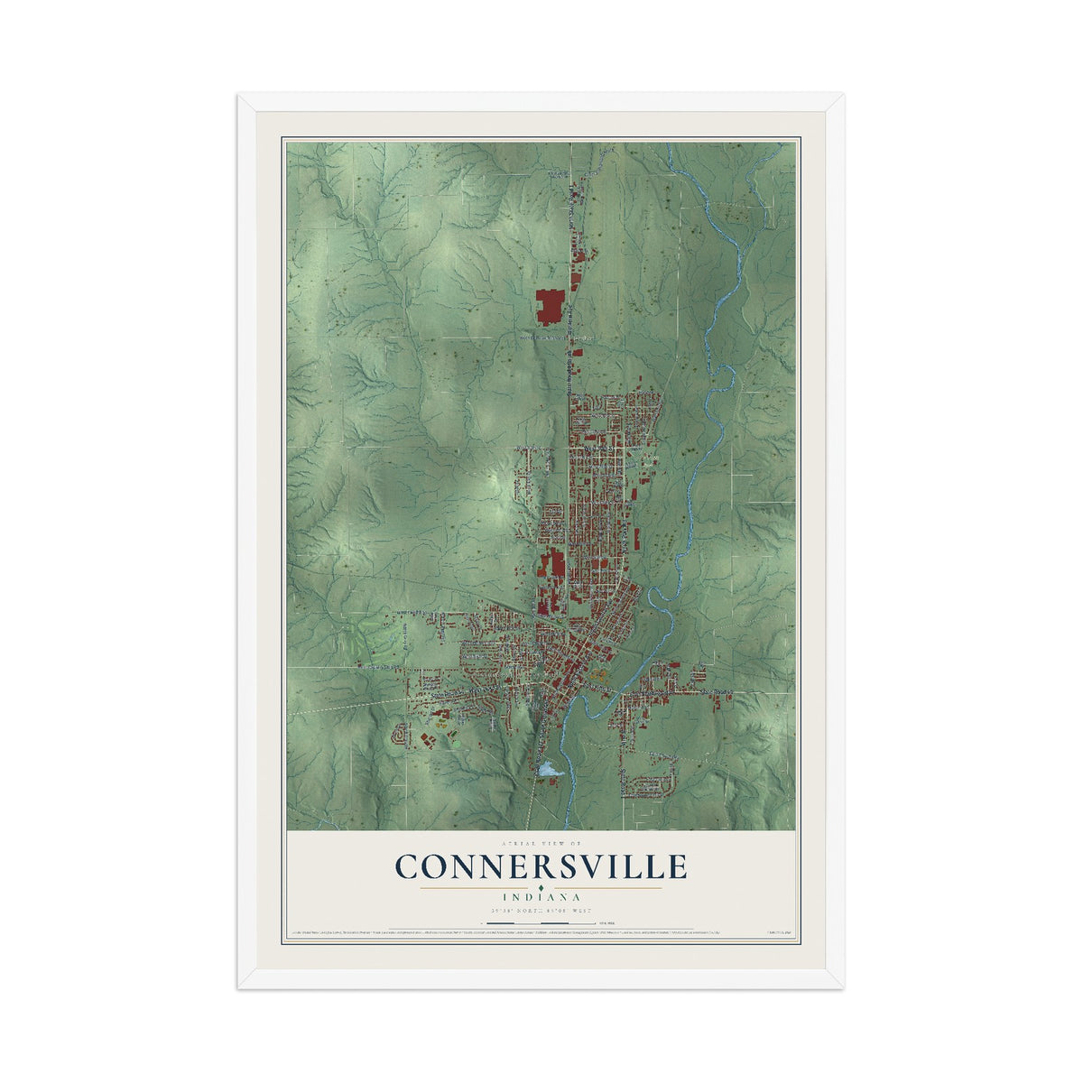 Map of Connersville, Indiana, 12 x 18 inch print in a white wood frame