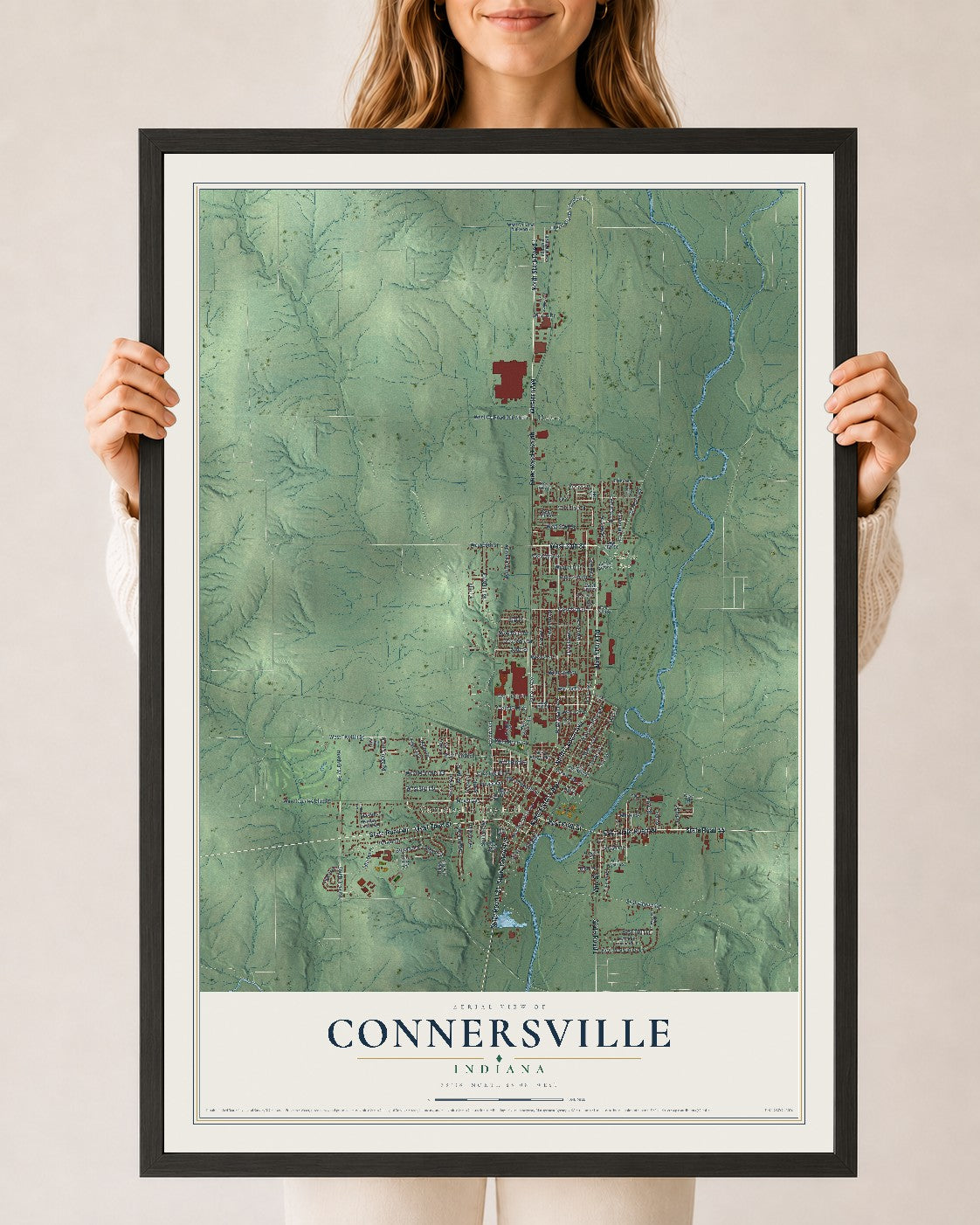 Map of Connersville, Indiana, 24 x 36 inch print in a black wood frame