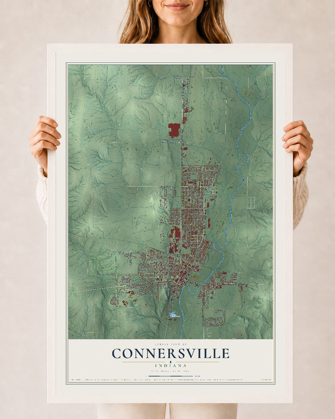 Map of Connersville, Indiana, 24 x 36 inch print in a white wood frame
