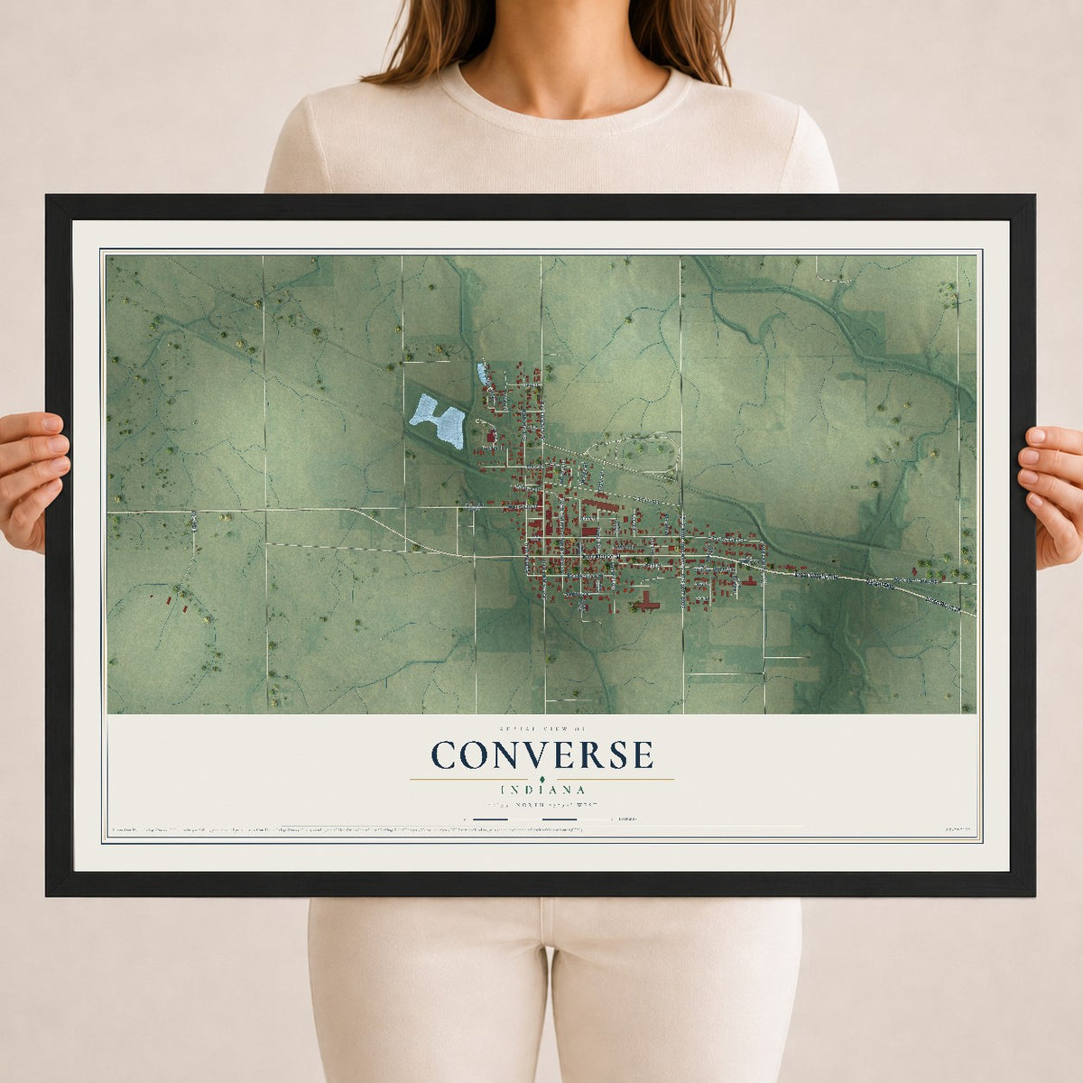 Map of Converse, Indiana, 18 x 24 inch print in a black wood frame