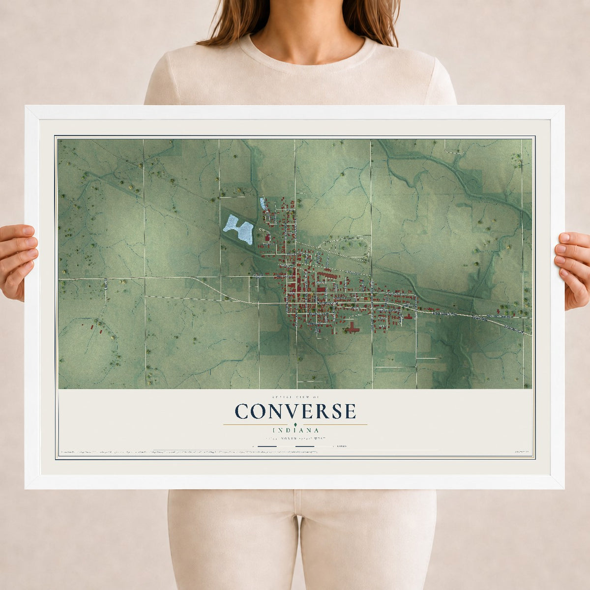 Map of Converse, Indiana, 18 x 24 inch print in a white wood frame