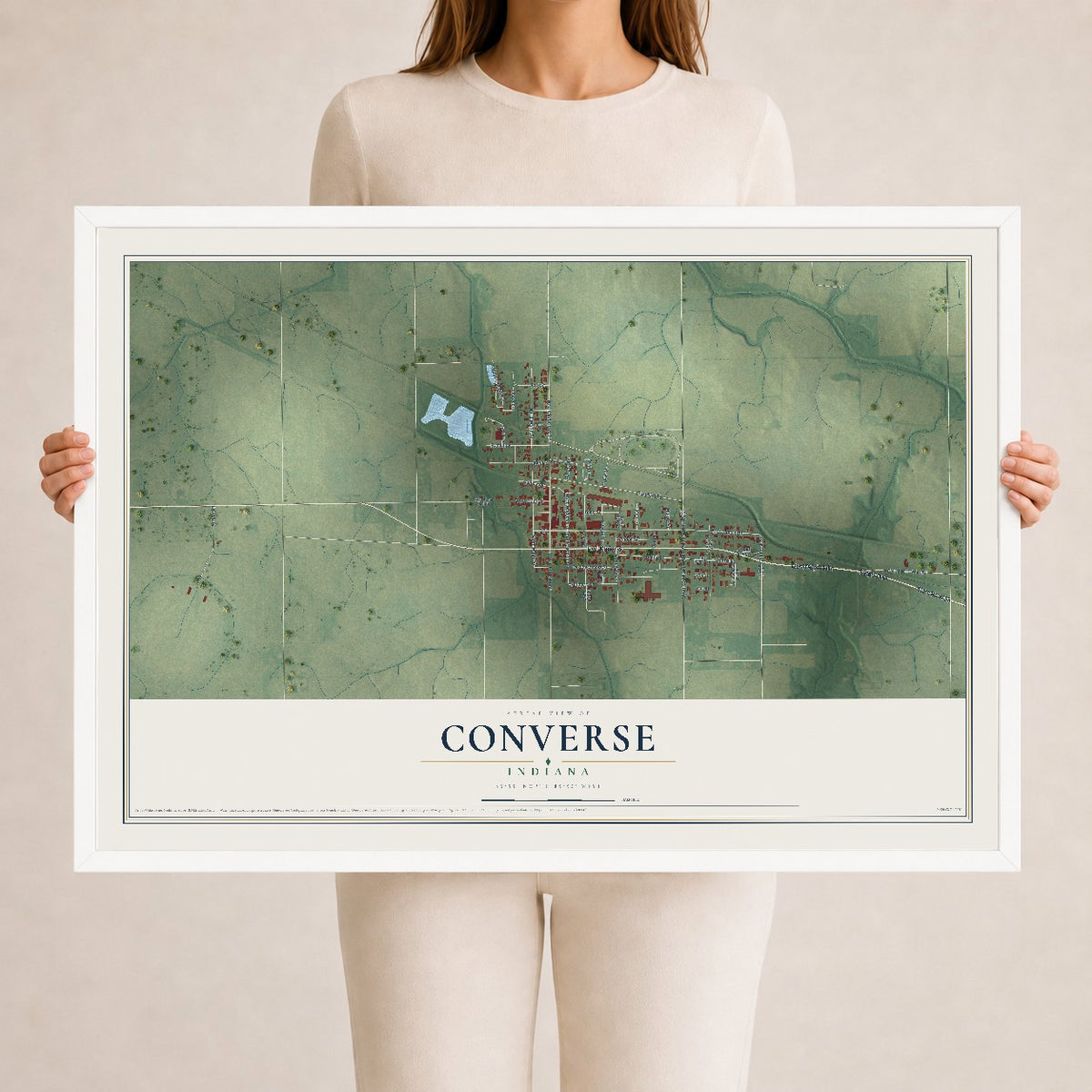 Map of Converse, Indiana, 24 x 36 inch print in a white wood frame