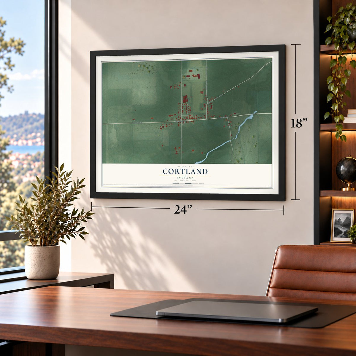 Cortland, Indiana map, 18 x 24 inch print in a black frame in a home office