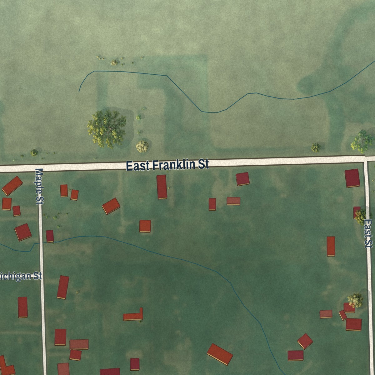 Second close-up of the map of Corunna, Indiana print showing more streets and buildings