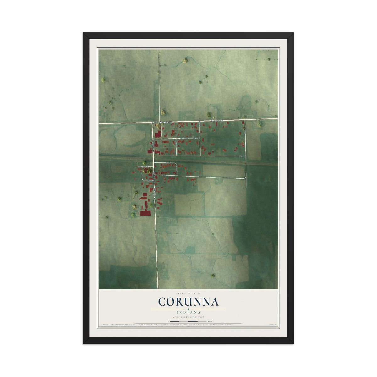 Map of Corunna, Indiana, 12 x 18 inch print in a black wood frame