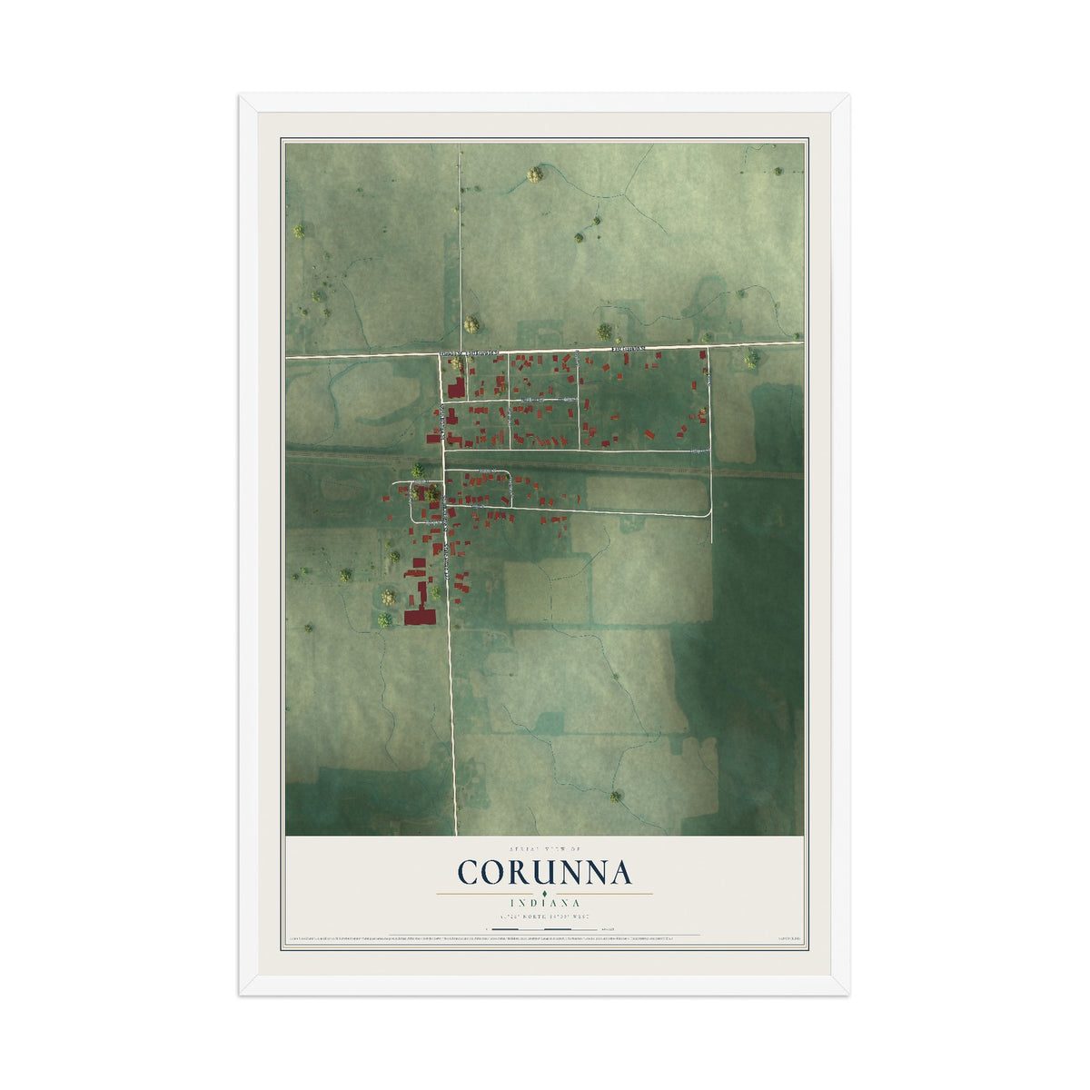 Map of Corunna, Indiana, 12 x 18 inch print in a white wood frame