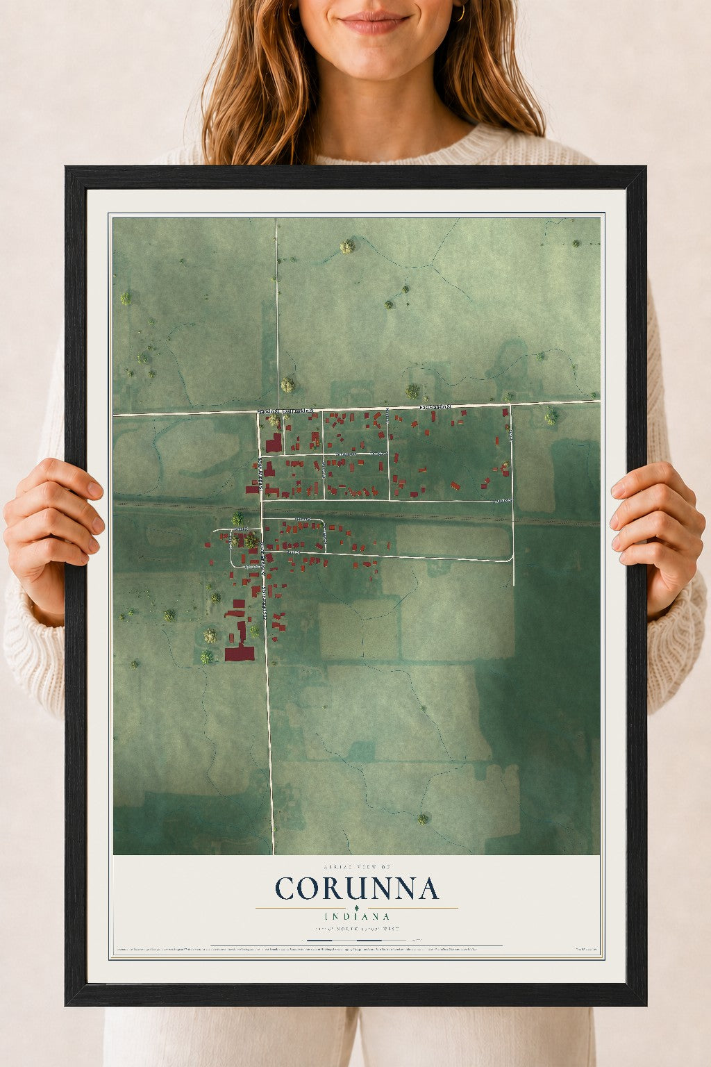 Map of Corunna, Indiana, 18 x 24 inch print in a black wood frame