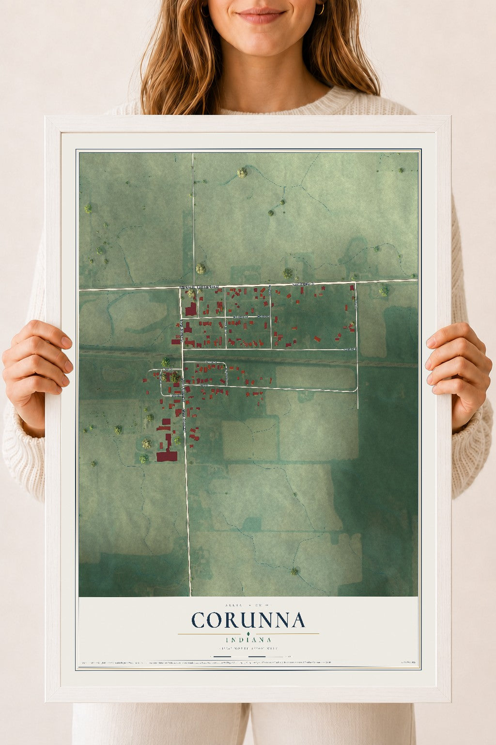 Map of Corunna, Indiana, 18 x 24 inch print in a white wood frame