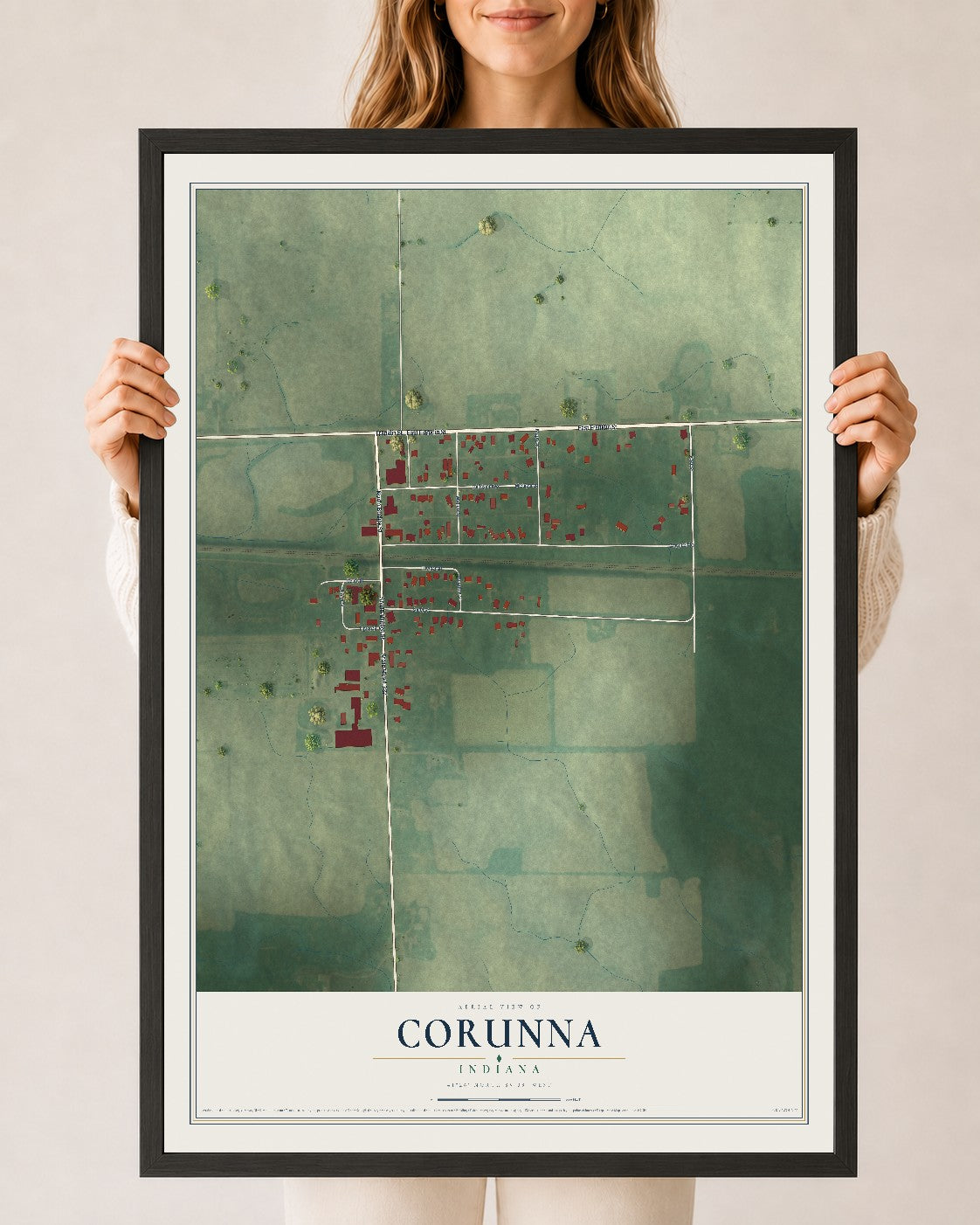 Map of Corunna, Indiana, 24 x 36 inch print in a black wood frame