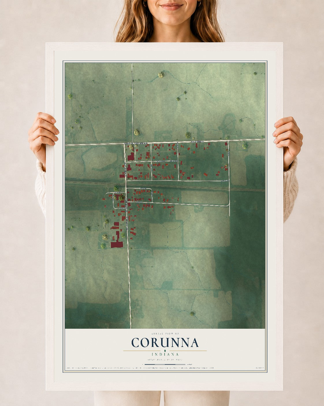Map of Corunna, Indiana, 24 x 36 inch print in a white wood frame