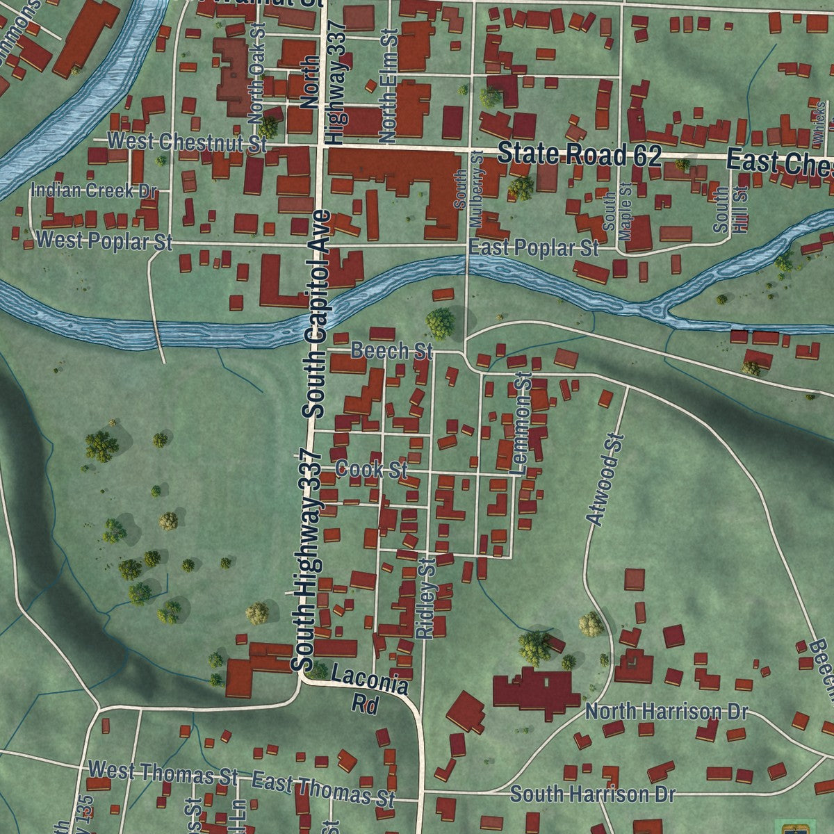 Close-up of the map of Corydon, Indiana print showing street and building detail