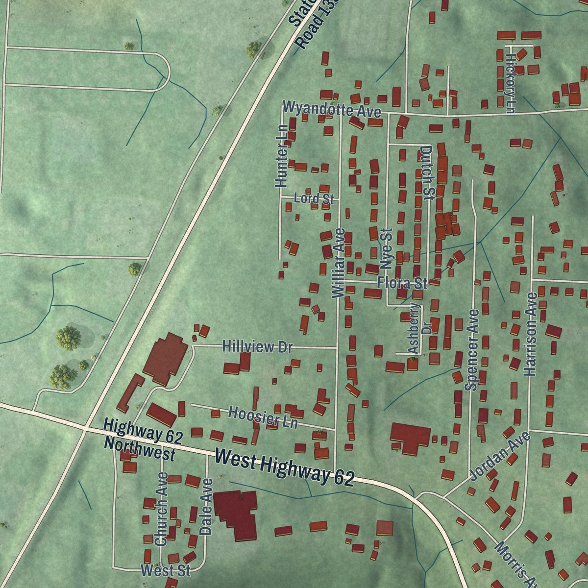 Second close-up of the map of Corydon, Indiana print showing more streets and buildings