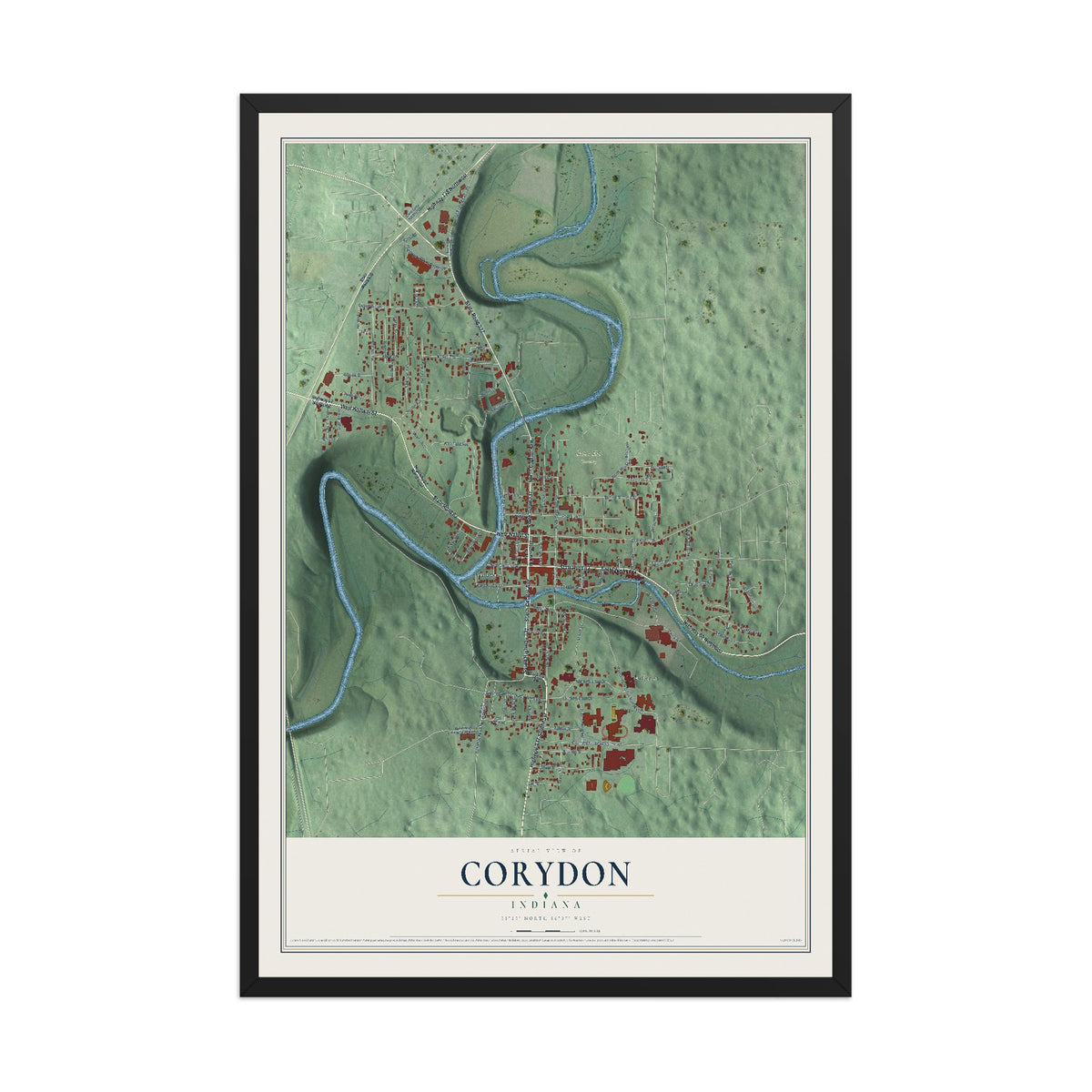 Map of Corydon, Indiana, 12 x 18 inch print in a black wood frame