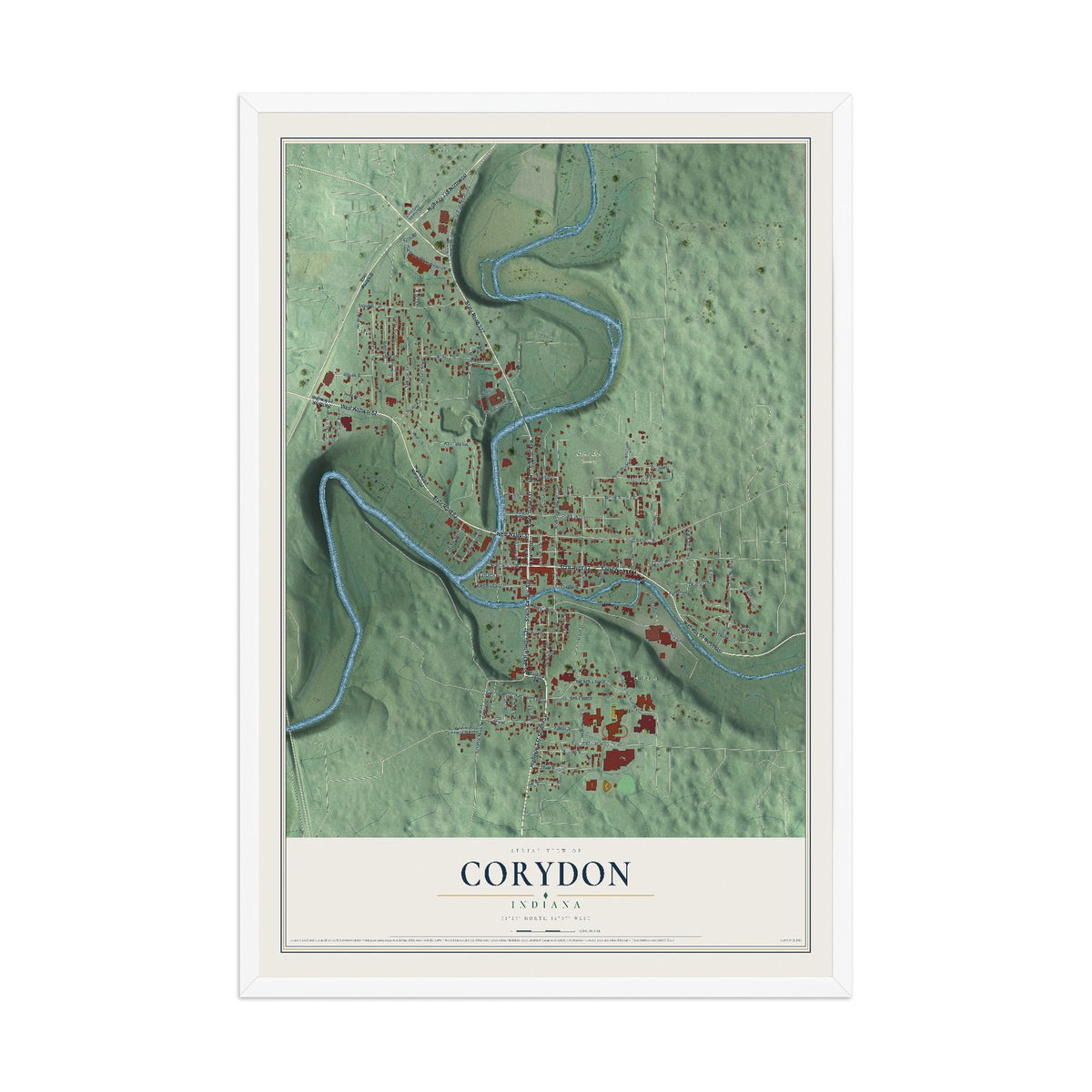 Map of Corydon, Indiana, 12 x 18 inch print in a white wood frame