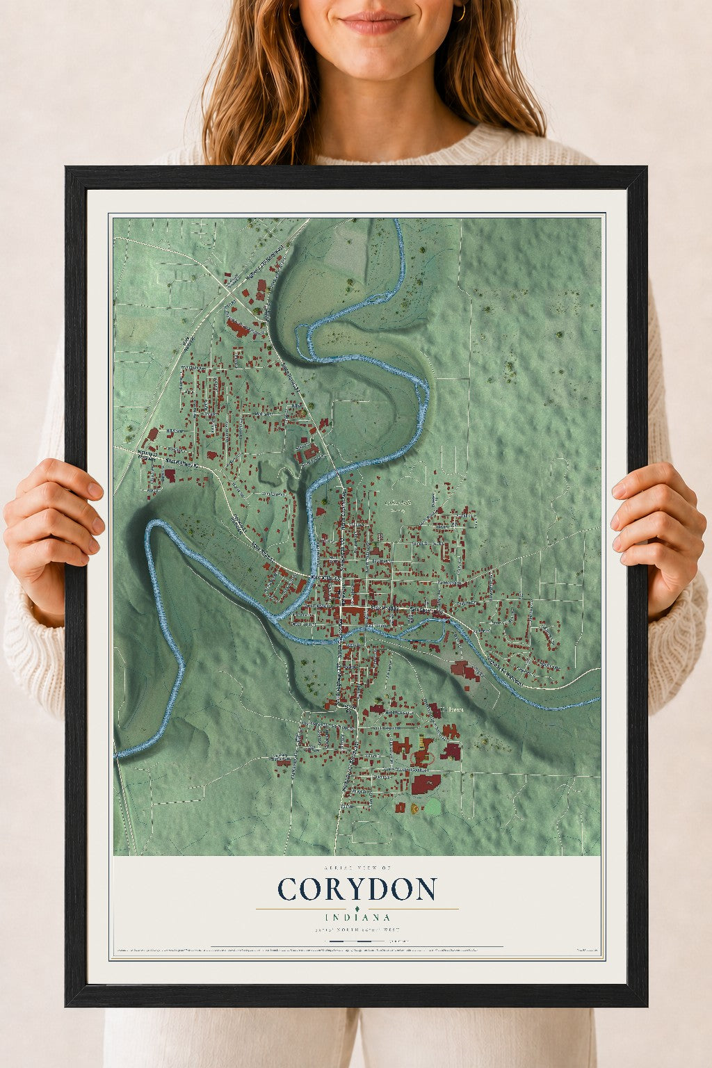 Map of Corydon, Indiana, 18 x 24 inch print in a black wood frame