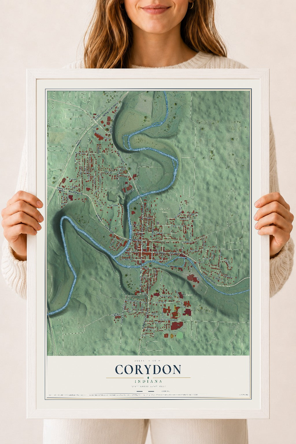 Map of Corydon, Indiana, 18 x 24 inch print in a white wood frame