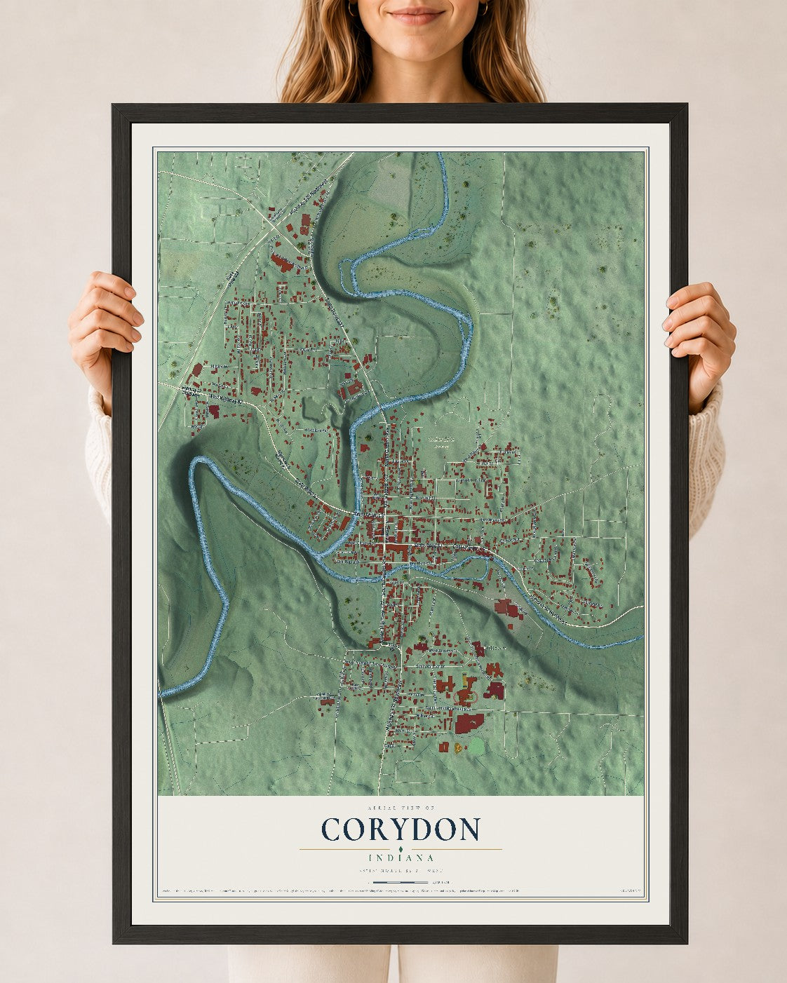 Map of Corydon, Indiana, 24 x 36 inch print in a black wood frame