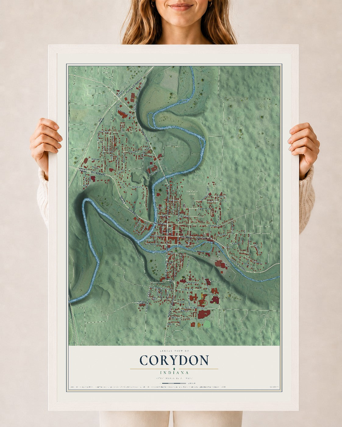 Map of Corydon, Indiana, 24 x 36 inch print in a white wood frame