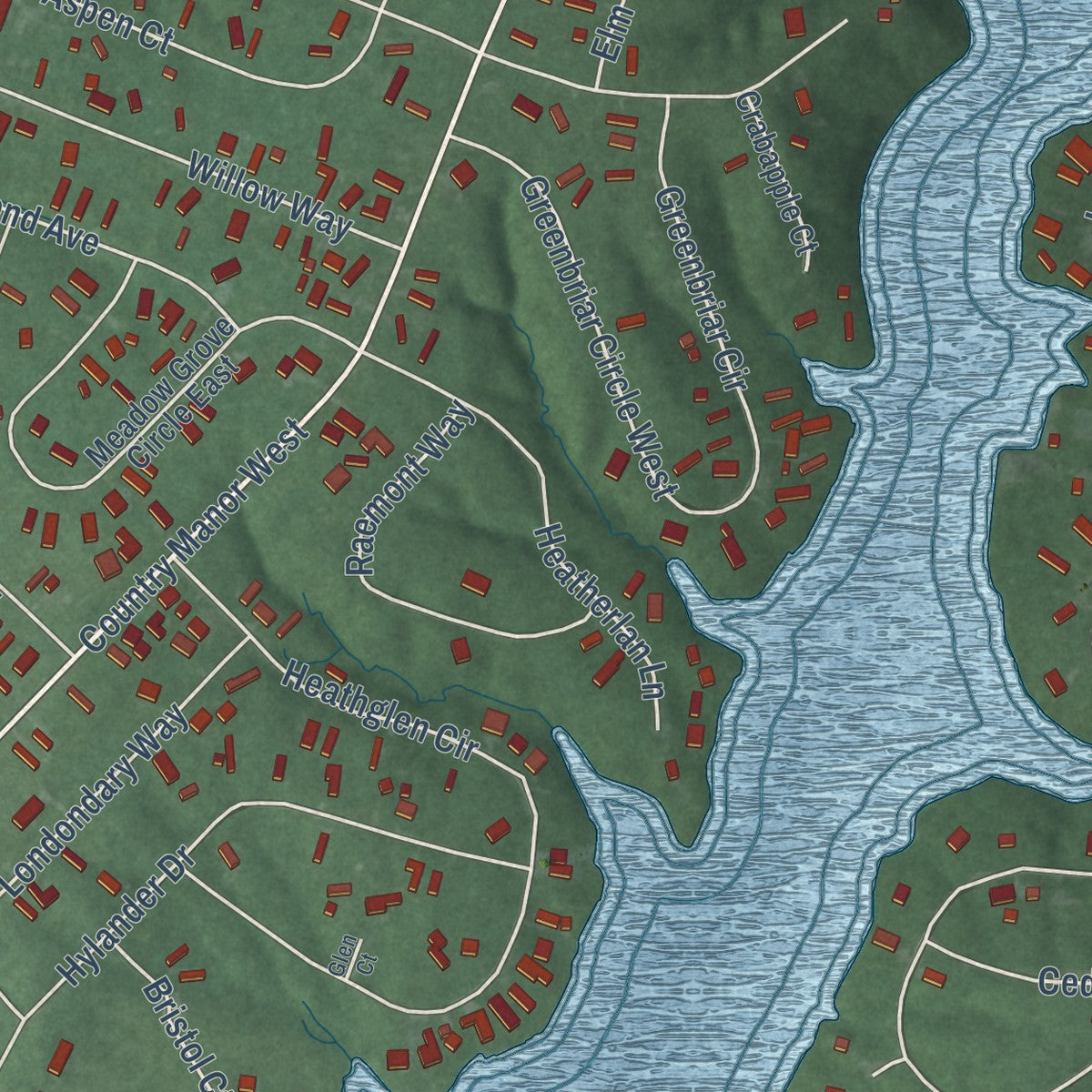 Close-up of the map of Country Squire Lakes, Indiana print showing street and building detail