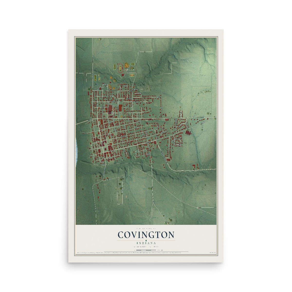 Map of Covington, Indiana, 12 x 18 inch unframed archival matte print