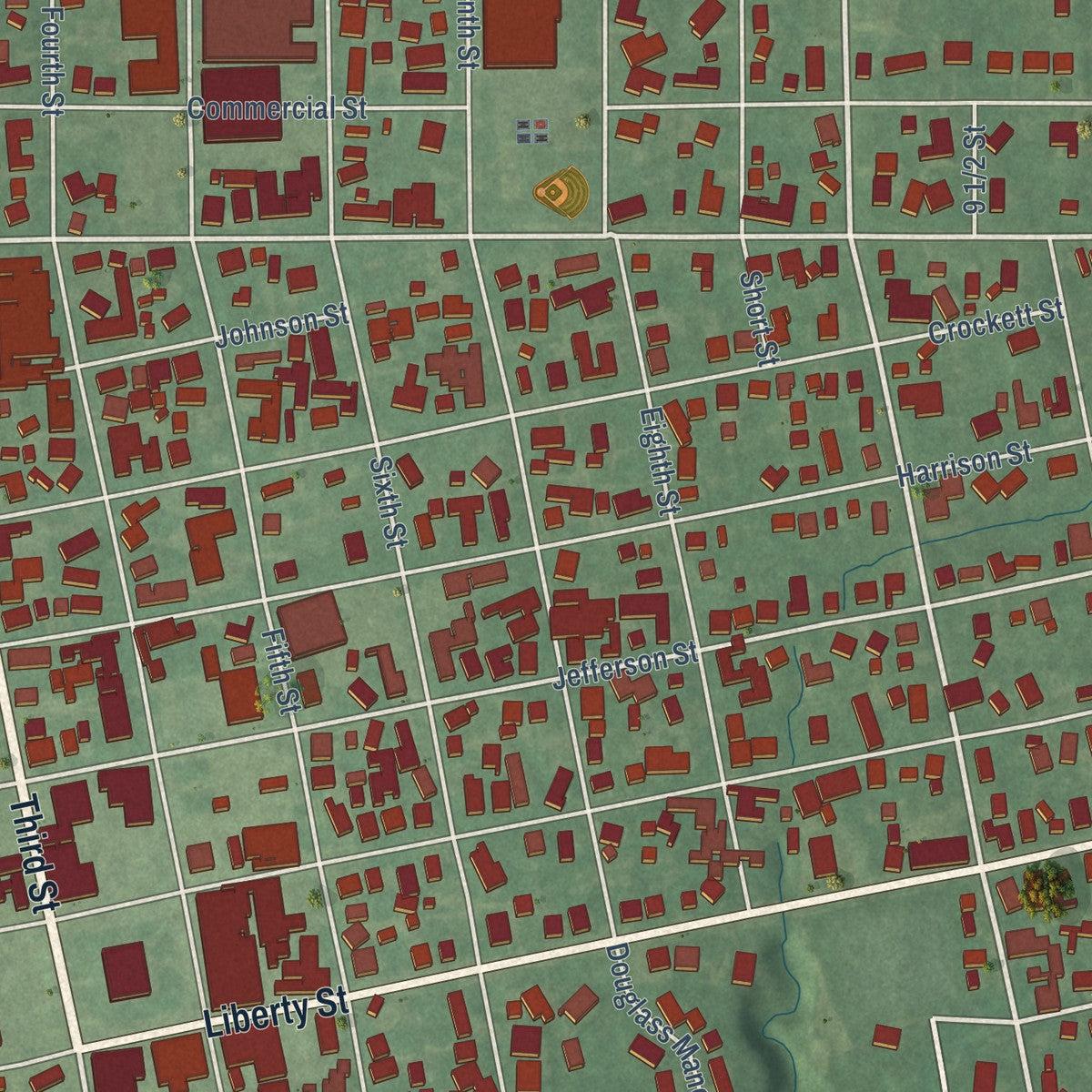 Close-up of the map of Covington, Indiana print showing street and building detail