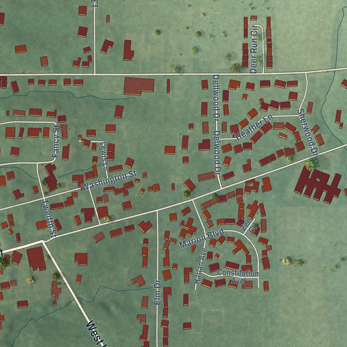 Second close-up of the map of Covington, Indiana print showing more streets and buildings