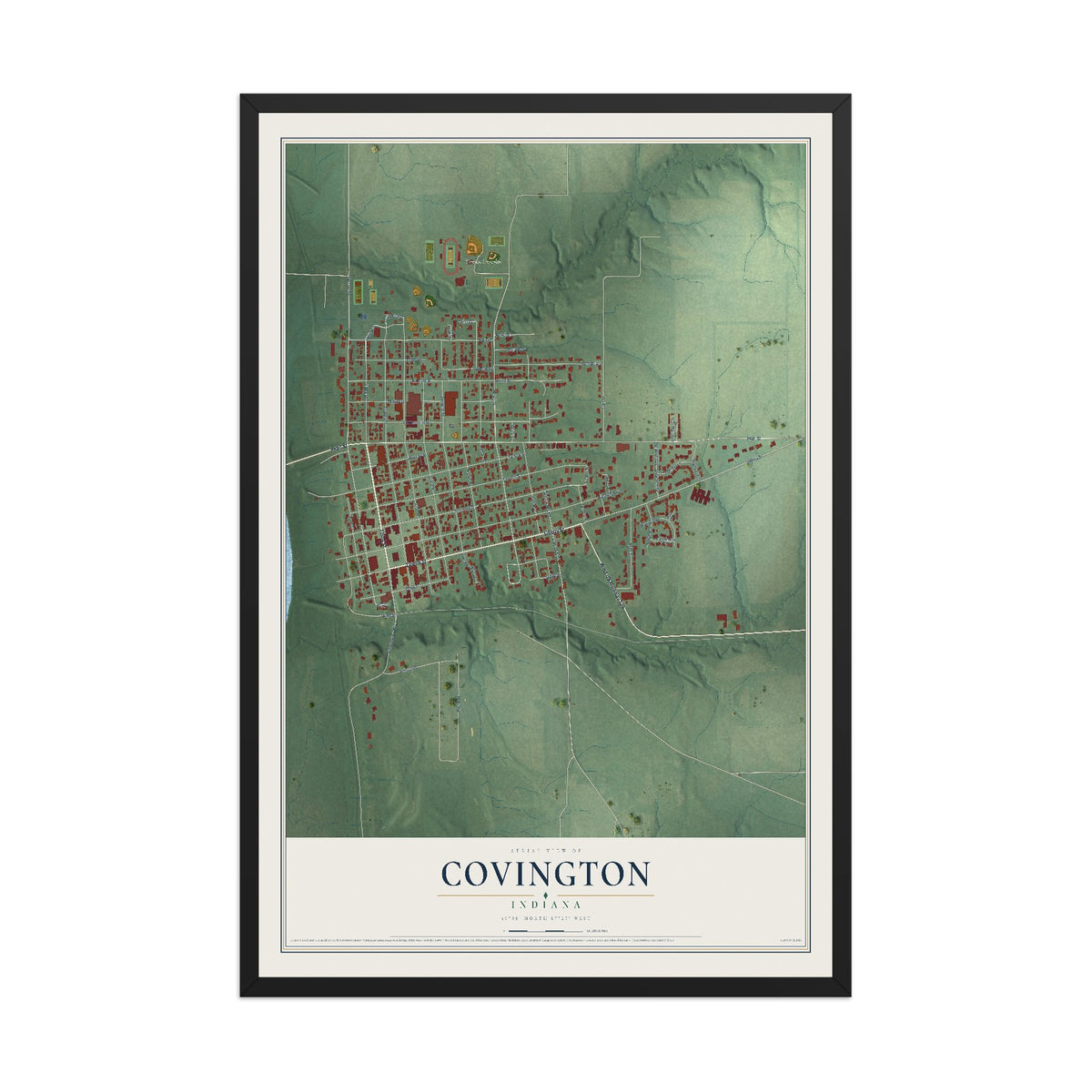 Map of Covington, Indiana, 12 x 18 inch print in a black wood frame