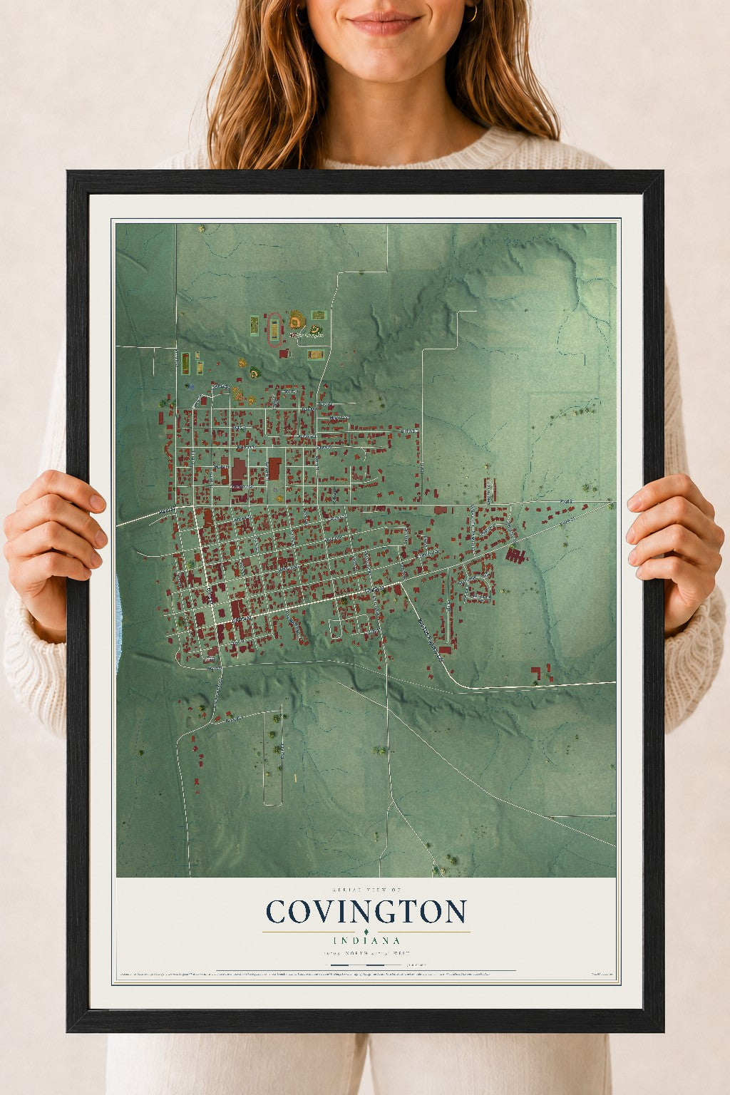 Map of Covington, Indiana, 18 x 24 inch print in a black wood frame
