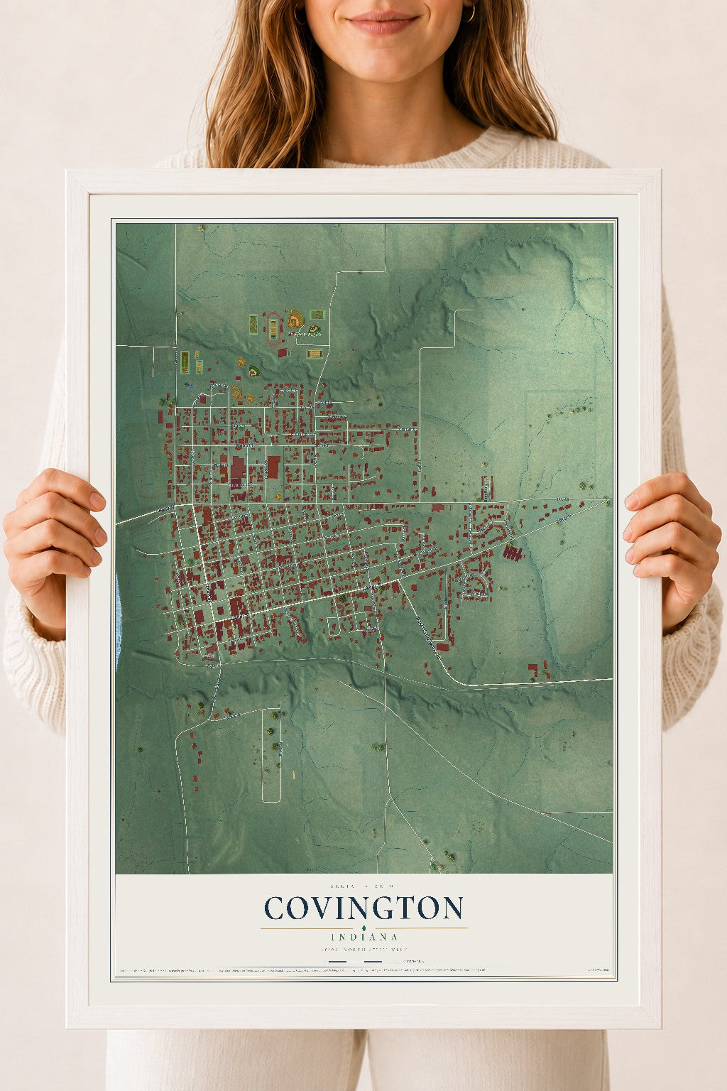 Map of Covington, Indiana, 18 x 24 inch print in a white wood frame