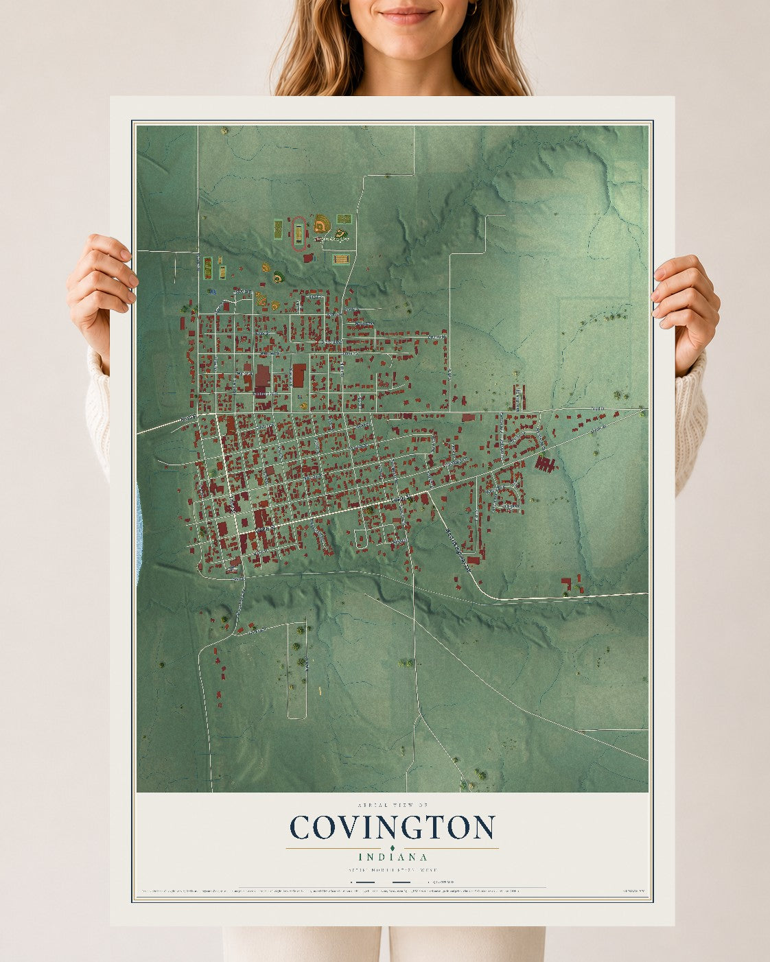 Map of Covington, Indiana, 24 x 36 inch unframed archival matte print