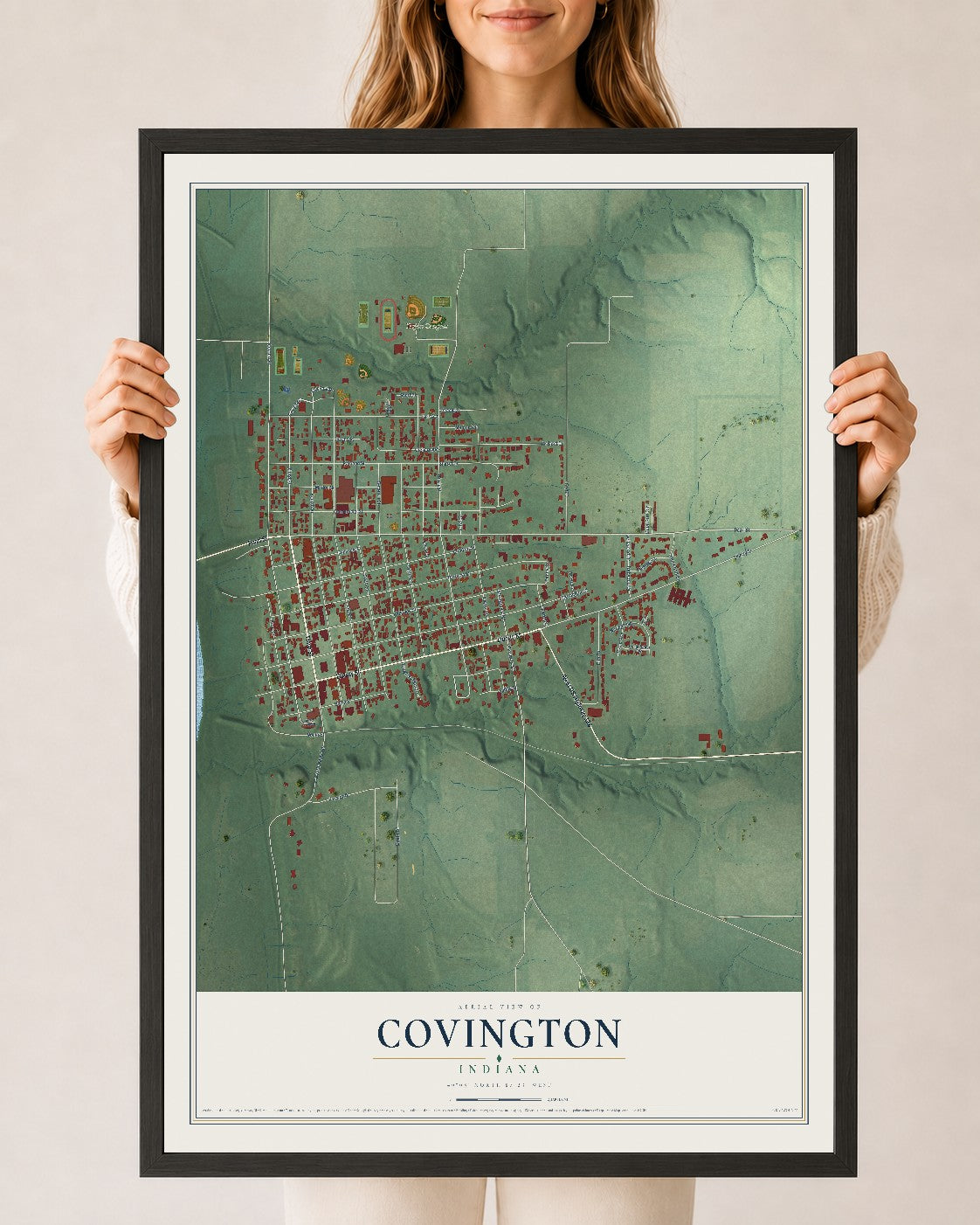 Map of Covington, Indiana, 24 x 36 inch print in a black wood frame