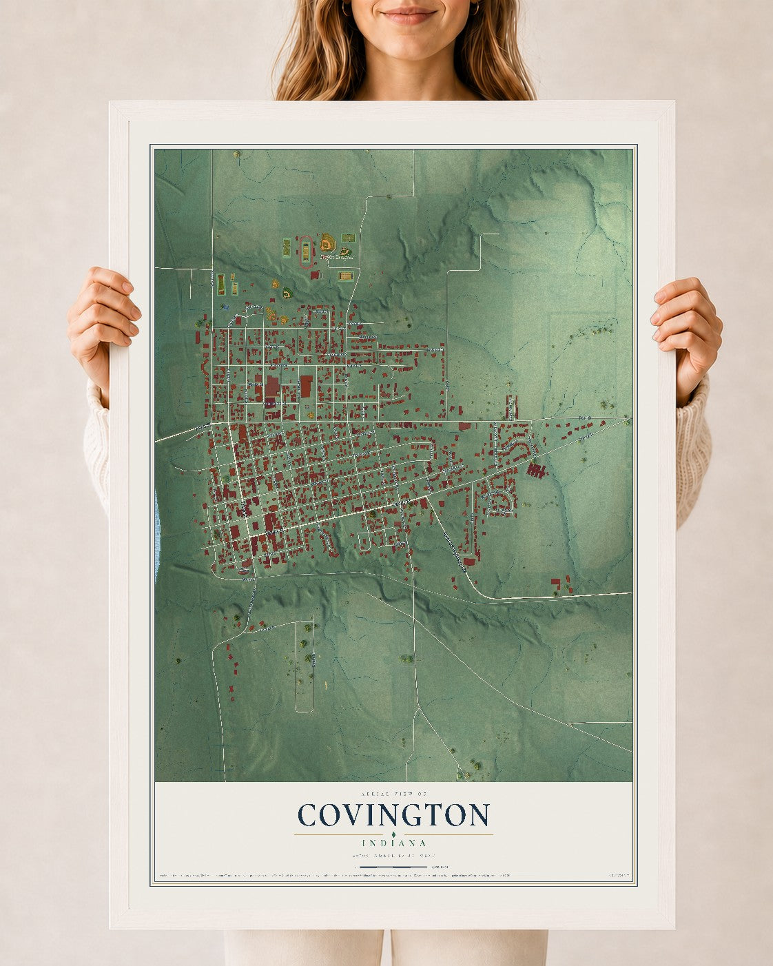 Map of Covington, Indiana, 24 x 36 inch print in a white wood frame