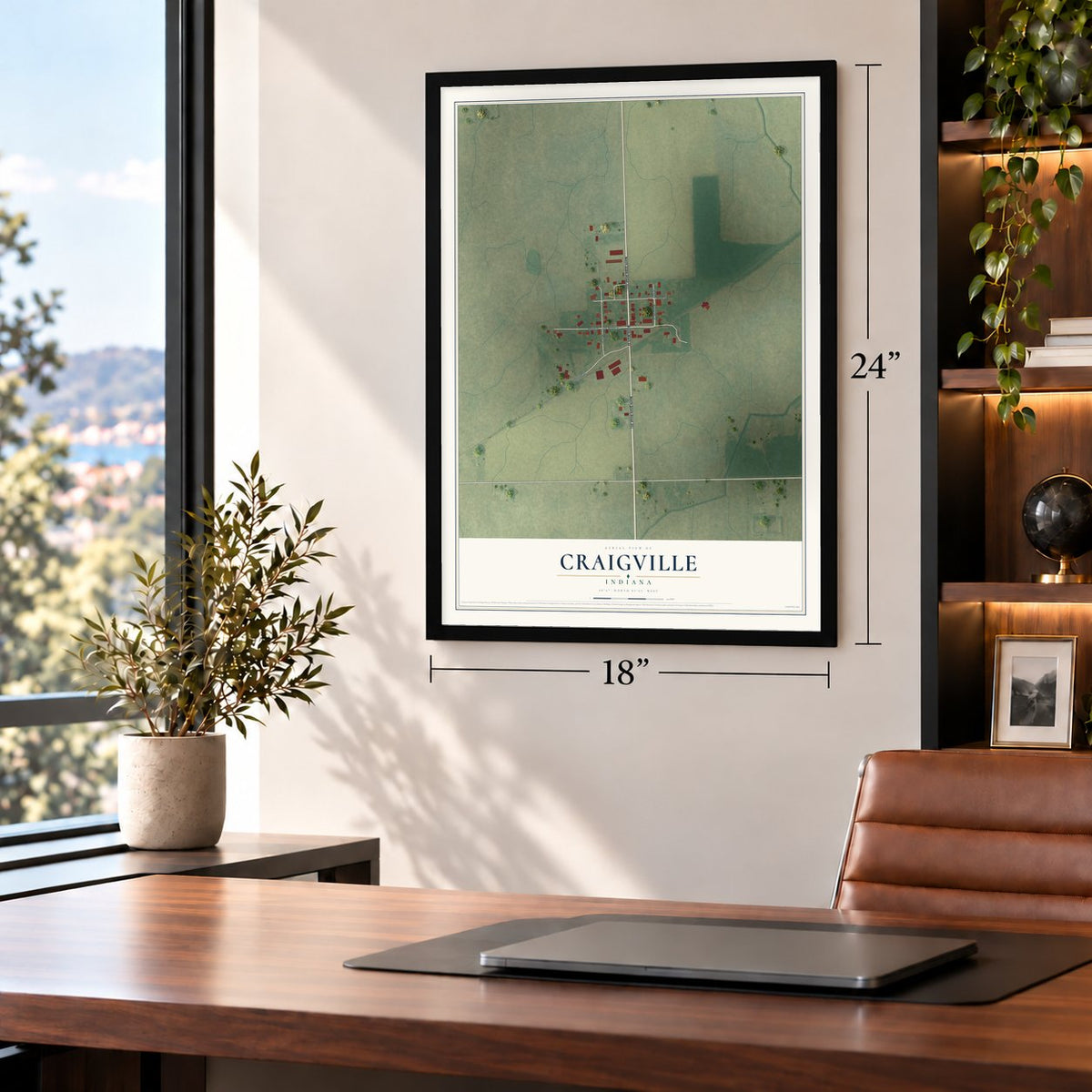 Craigville, Indiana map, 18 x 24 inch print in a black frame in a home office