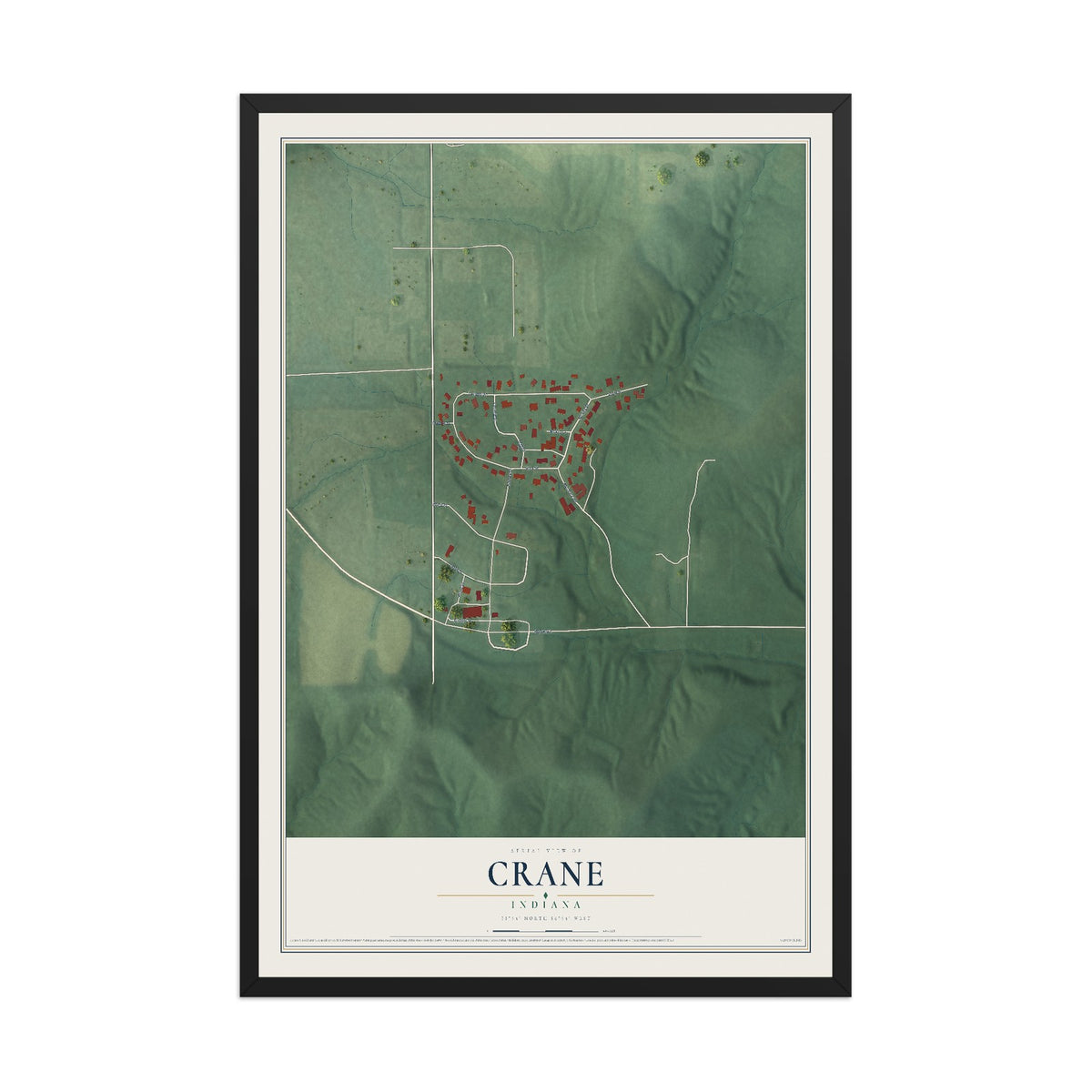 Map of Crane, Indiana, 12 x 18 inch print in a black wood frame