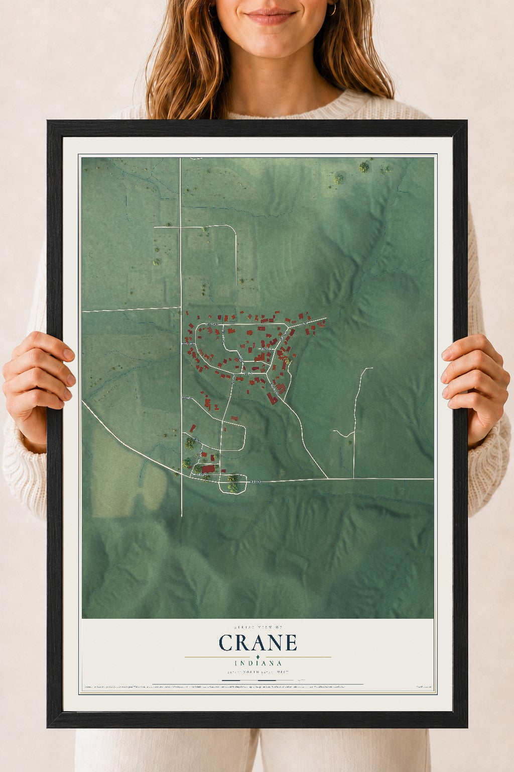 Map of Crane, Indiana, 18 x 24 inch print in a black wood frame