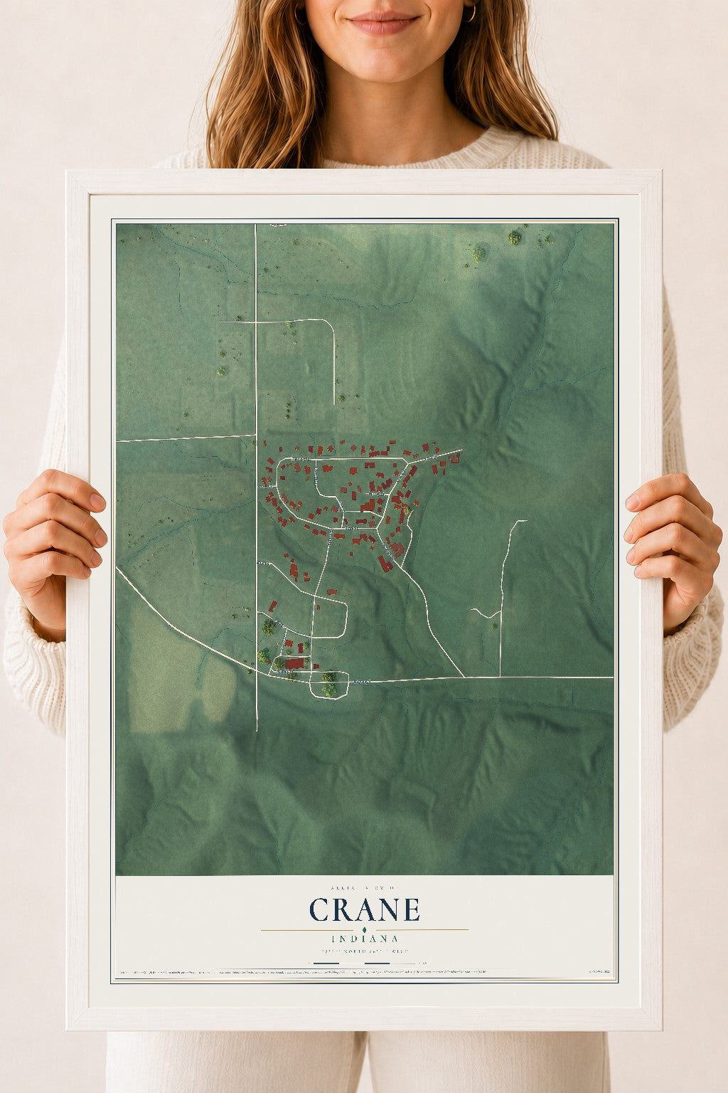 Map of Crane, Indiana, 18 x 24 inch print in a white wood frame