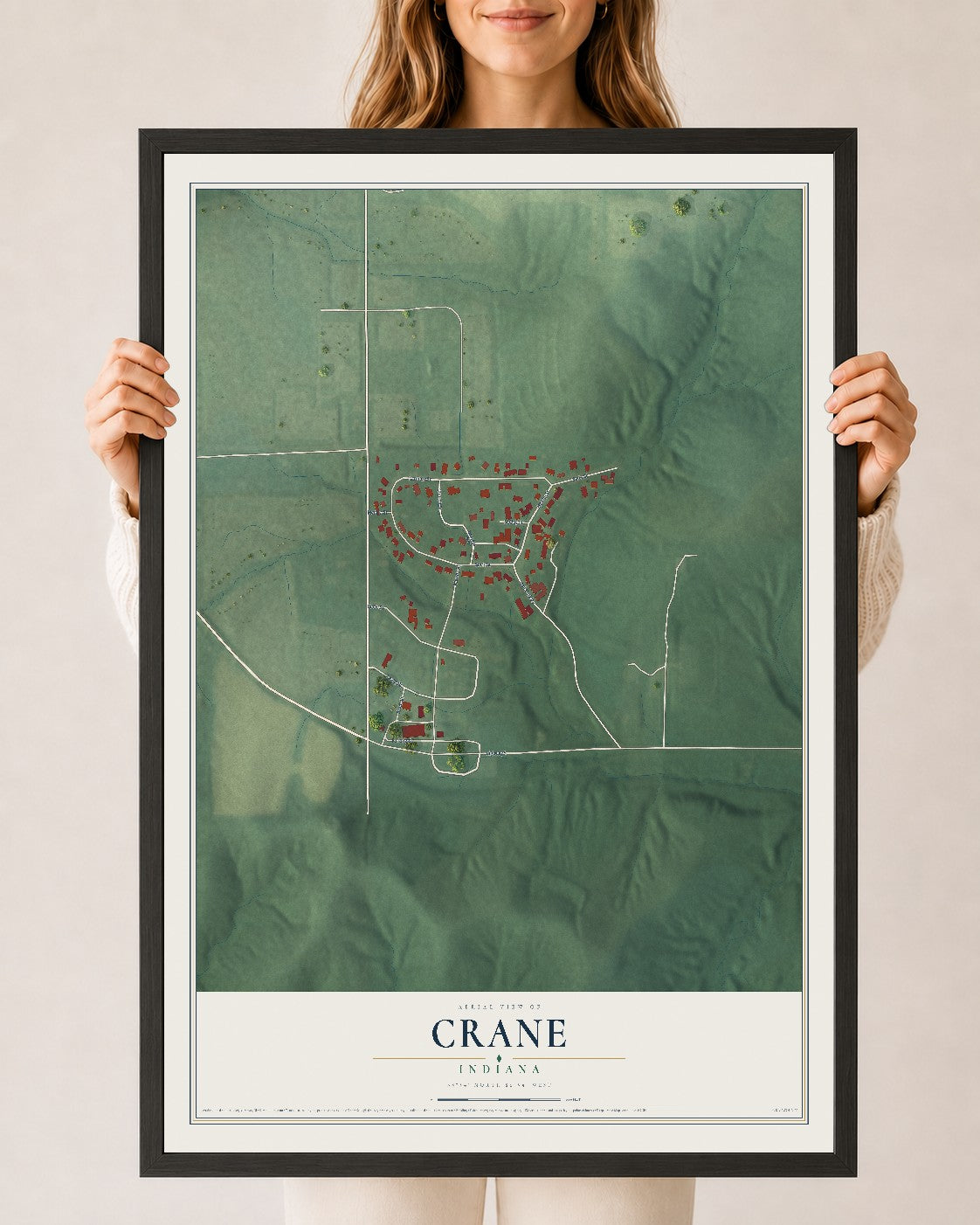 Map of Crane, Indiana, 24 x 36 inch print in a black wood frame