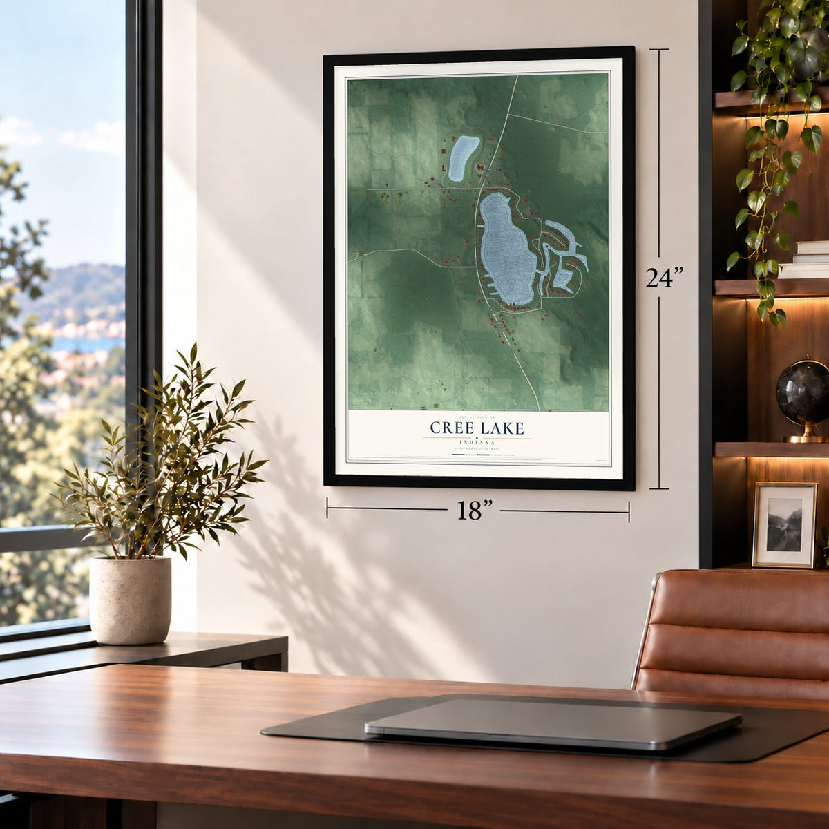 Cree Lake, Indiana map, 18 x 24 inch print in a black frame in a home office