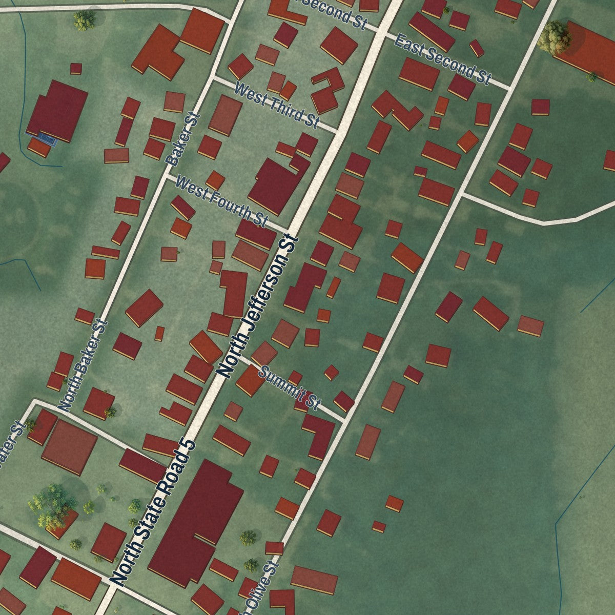 Close-up of the map of Cromwell, Indiana print showing street and building detail