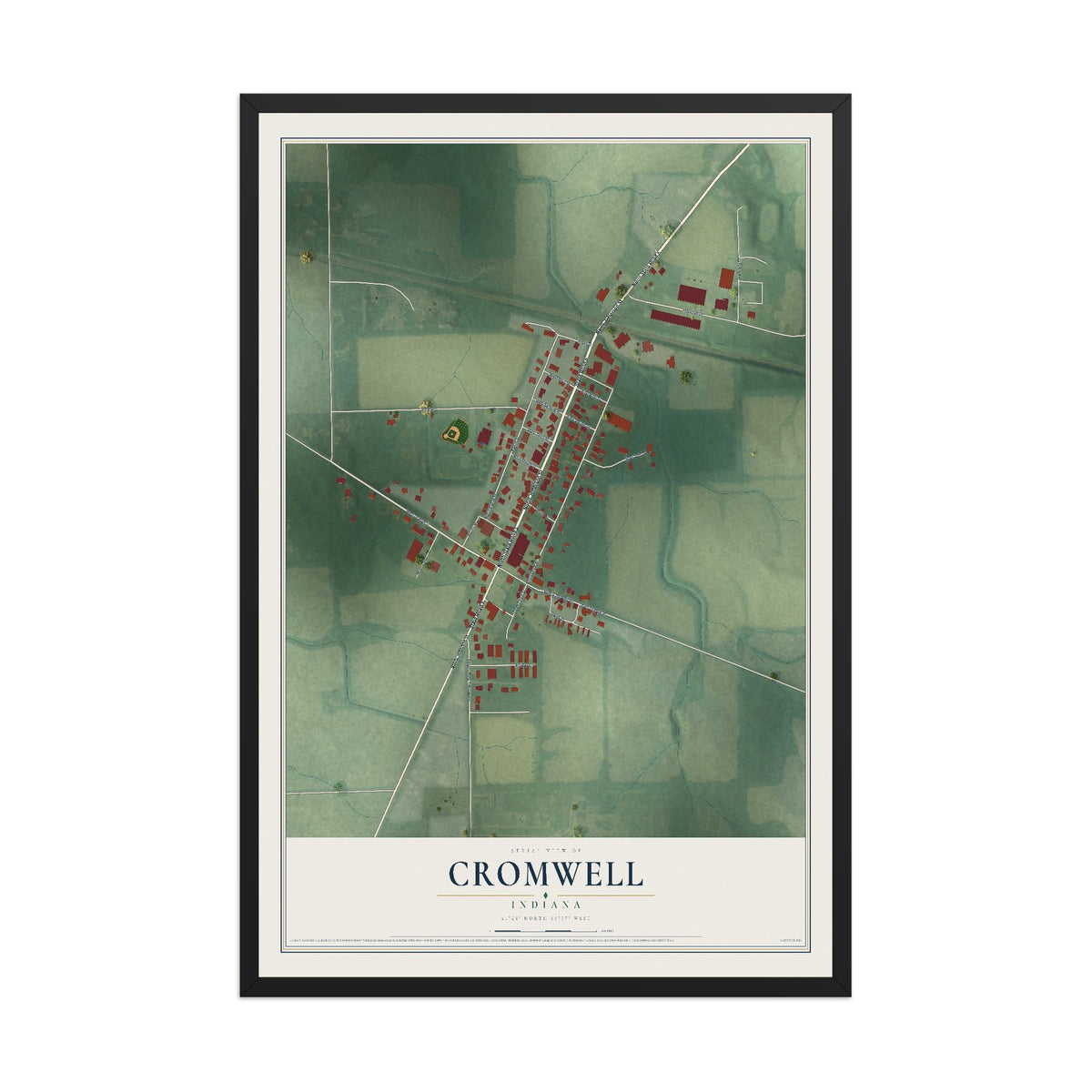 Map of Cromwell, Indiana, 12 x 18 inch print in a black wood frame