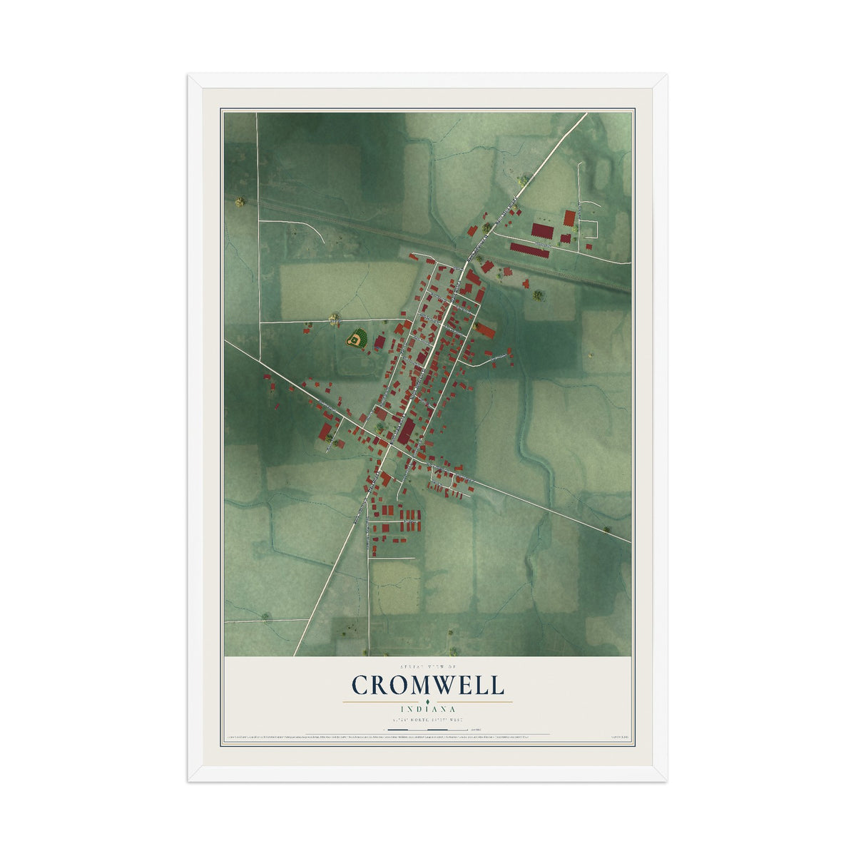 Map of Cromwell, Indiana, 12 x 18 inch print in a white wood frame