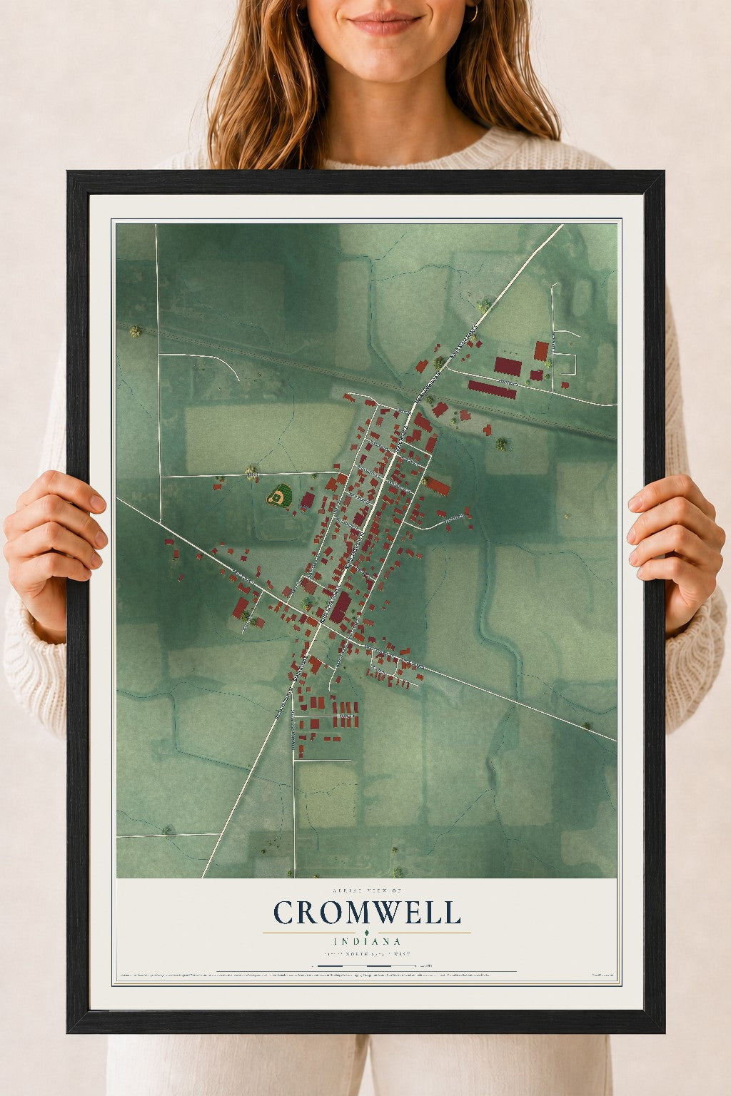 Map of Cromwell, Indiana, 18 x 24 inch print in a black wood frame