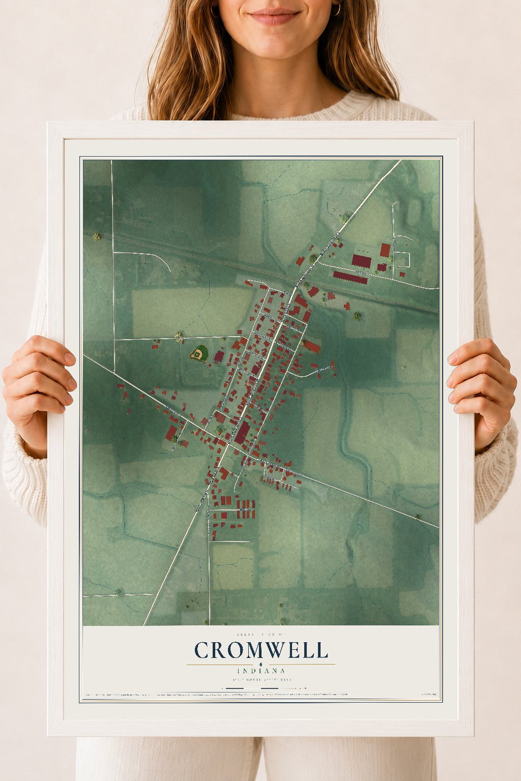 Map of Cromwell, Indiana, 18 x 24 inch print in a white wood frame