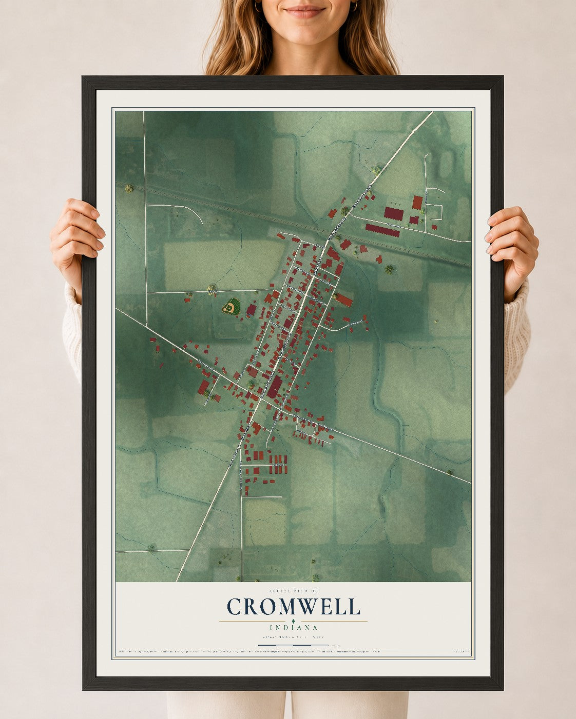 Map of Cromwell, Indiana, 24 x 36 inch print in a black wood frame