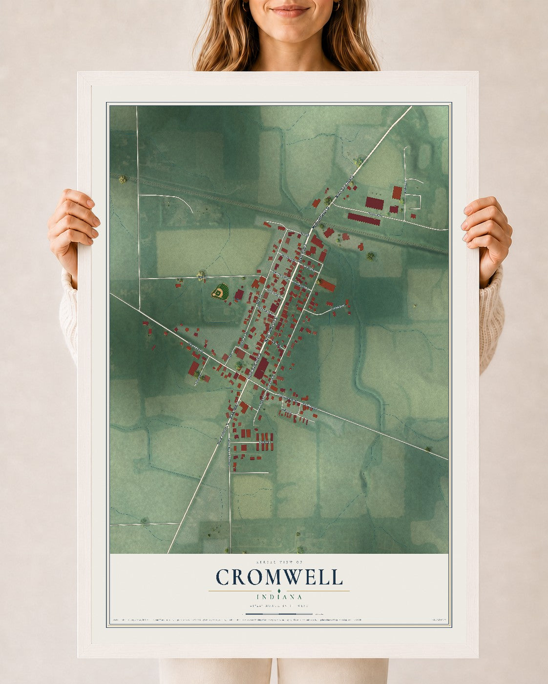 Map of Cromwell, Indiana, 24 x 36 inch print in a white wood frame