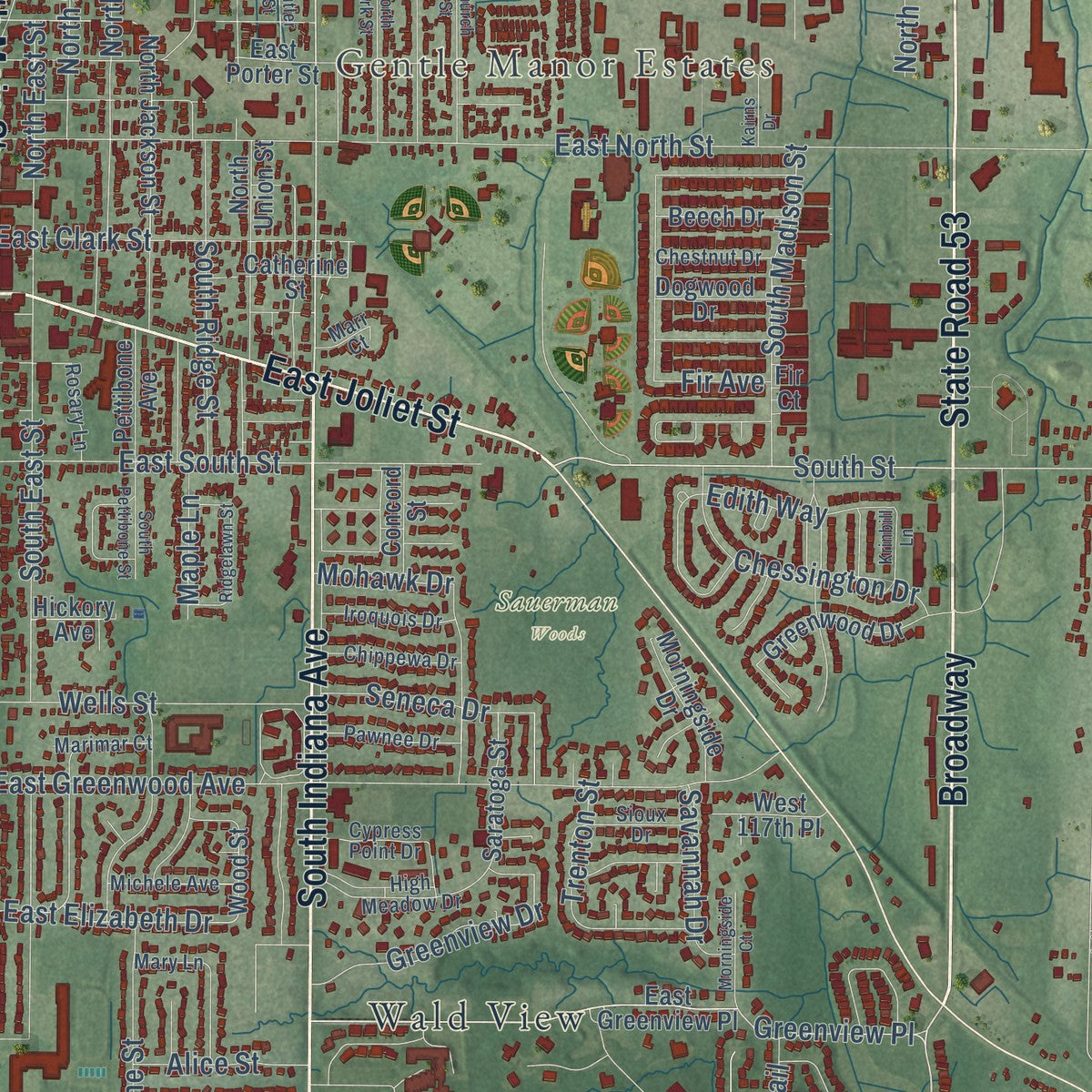 Close-up of the map of Crown Point, Indiana print showing street and building detail