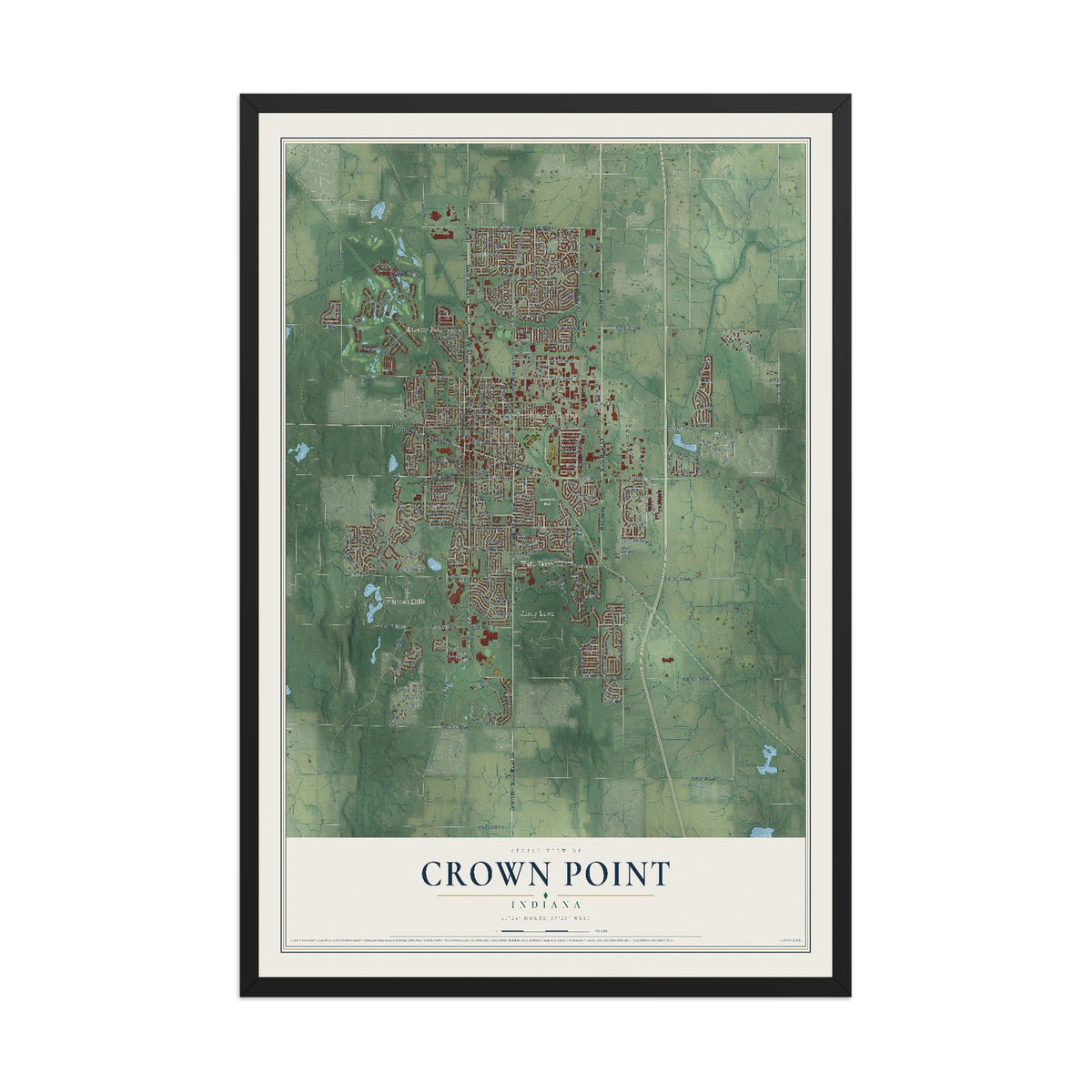Map of Crown Point, Indiana, 12 x 18 inch print in a black wood frame